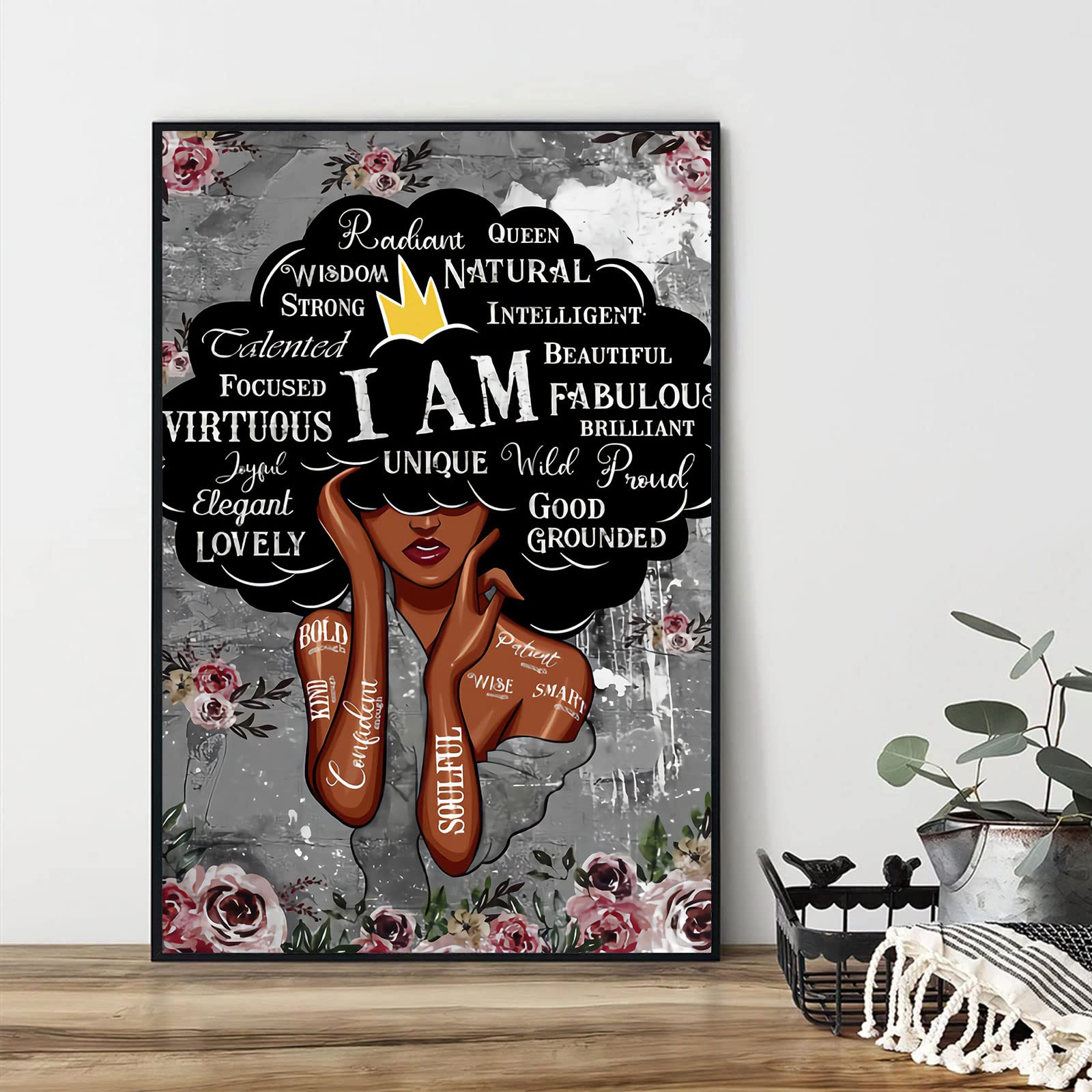 Black Queen Wall Art - African American Flower Girl Canvas Print, Abstract Nordic Poster for Living Room & Bedroom Decor | Black Women Empowerment Art, Home & Office Wall Decor