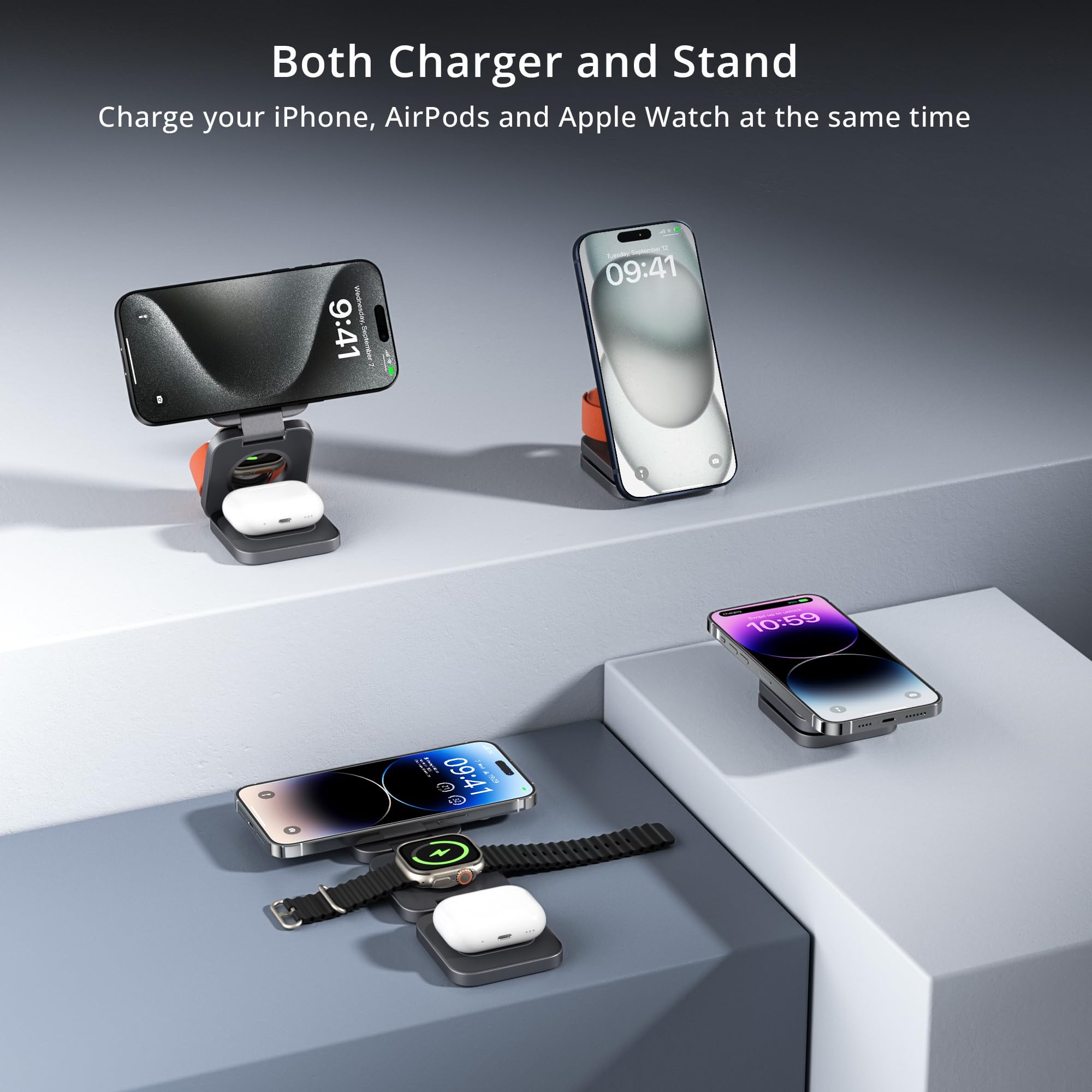 3-in-1 Wireless Charger Stand - LULULOOK 15W Magnetic Fast Charging Station for iPhone 16/15/14 Series, Apple Watch & AirPods | Aluminum Base with USB-C Cable | Perfect for Bedside, Office & Travel Charging