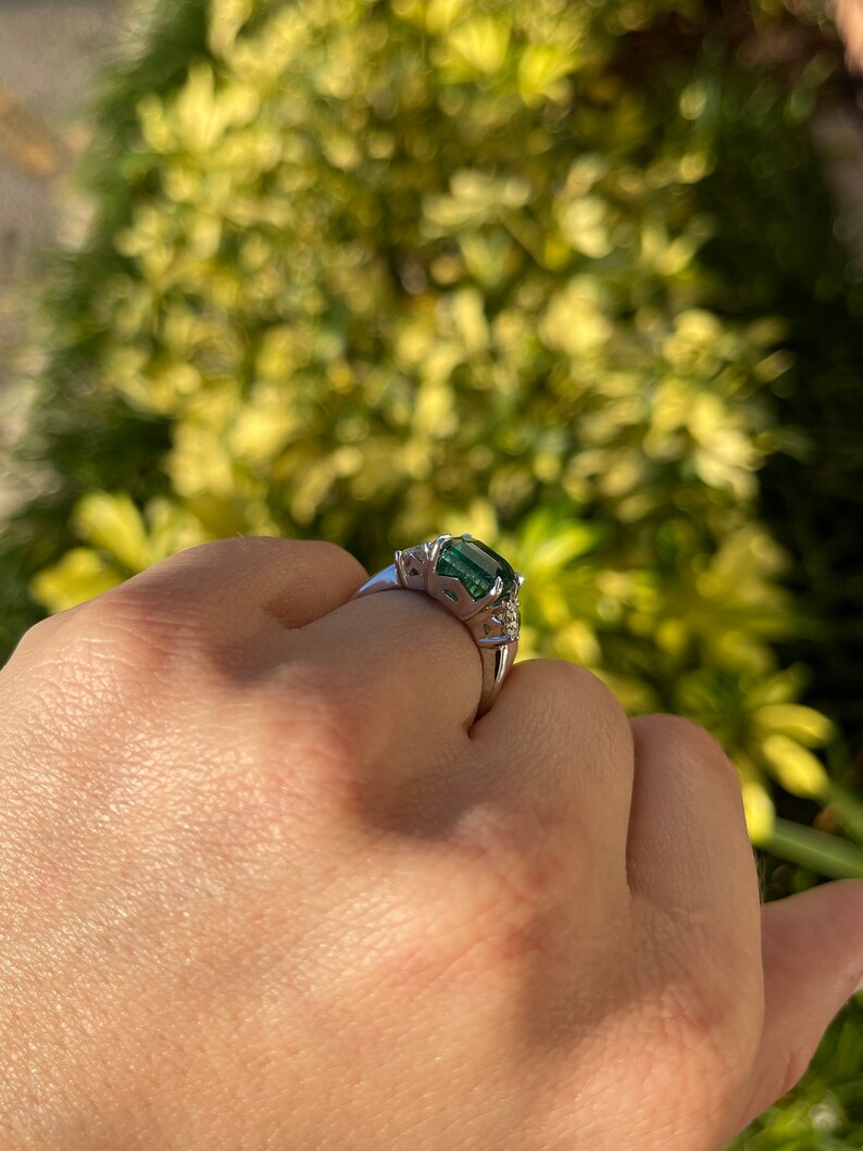 4.90tcw 14K Gold Intense Dark Green Asscher Cut Emerald & Round Diamond Three-Stone Engagement Ring for Women - Perfect for Proposals, Anniversaries & Special Occasions