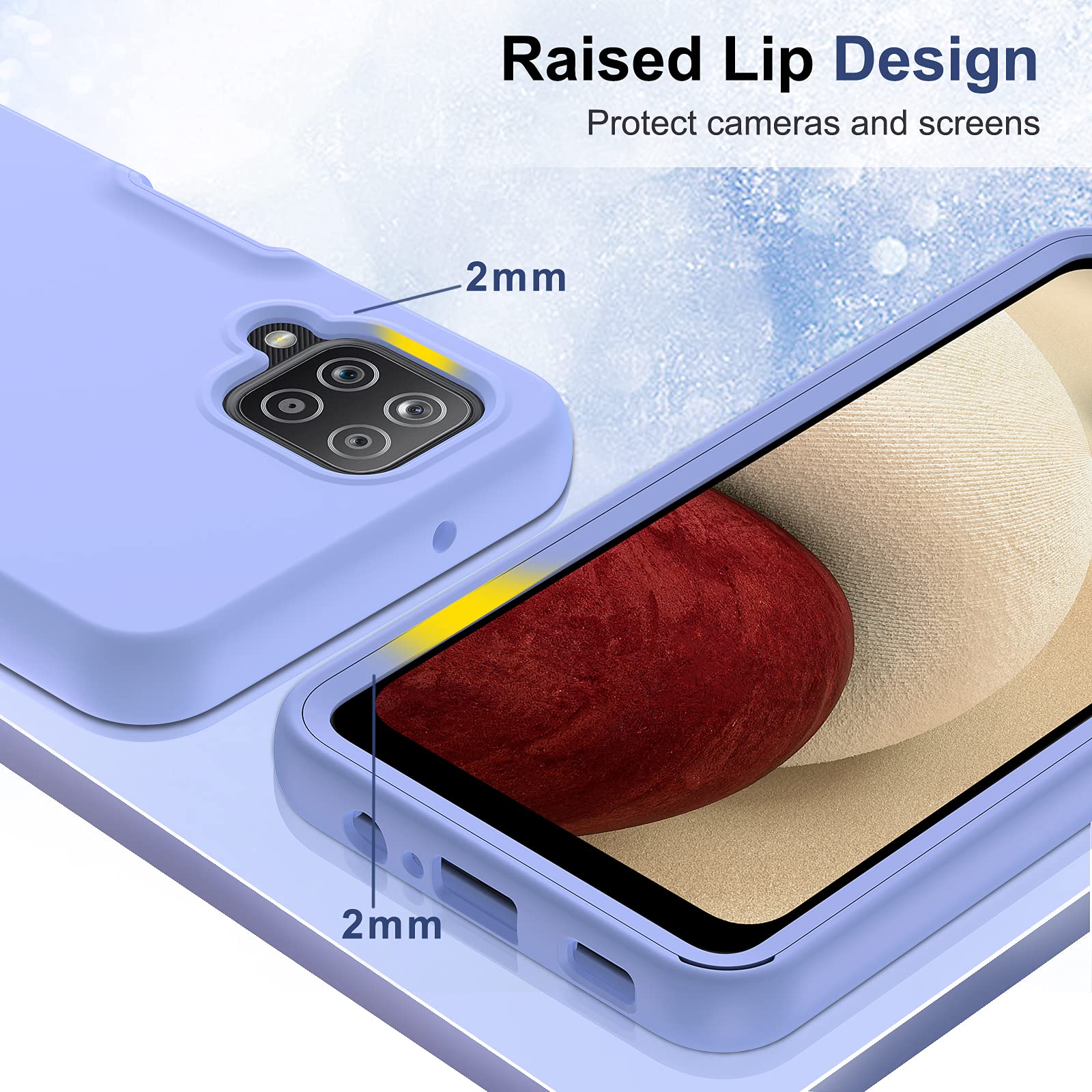Shockproof Samsung Galaxy A12 5G Phone Case with 2 Tempered Glass Screen Protectors - Soft Liquid Silicone Hybrid Full Body Protective Cover (Violet) - Perfect for Outdoor Activities, Work & Daily Use