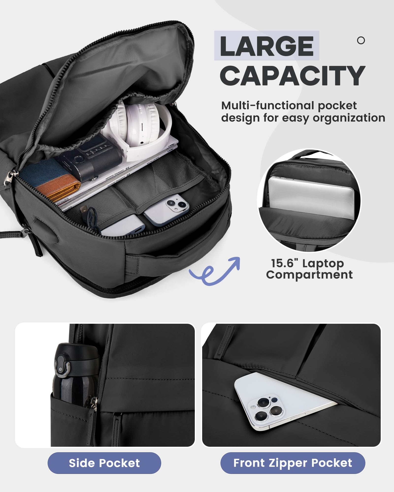 Wepadre Black Carry-On Backpack for Women & Men - Small Travel Laptop Backpack, Work Backpack, College Backpack, Personal Item Bag | Perfect for Business Travel, Commuting, School & Daily Use