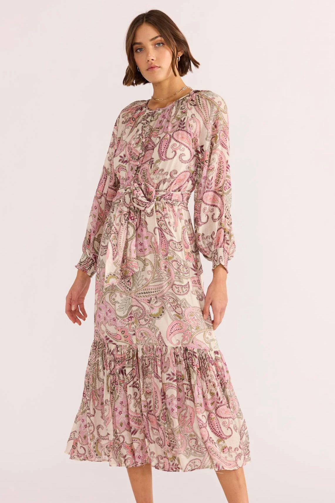 Cadence Pink Paisley Blouson Long Sleeve Midi Dress for Women | Floral Print Casual Party Wear | Perfect for Office, Wedding & Date Night Outfits