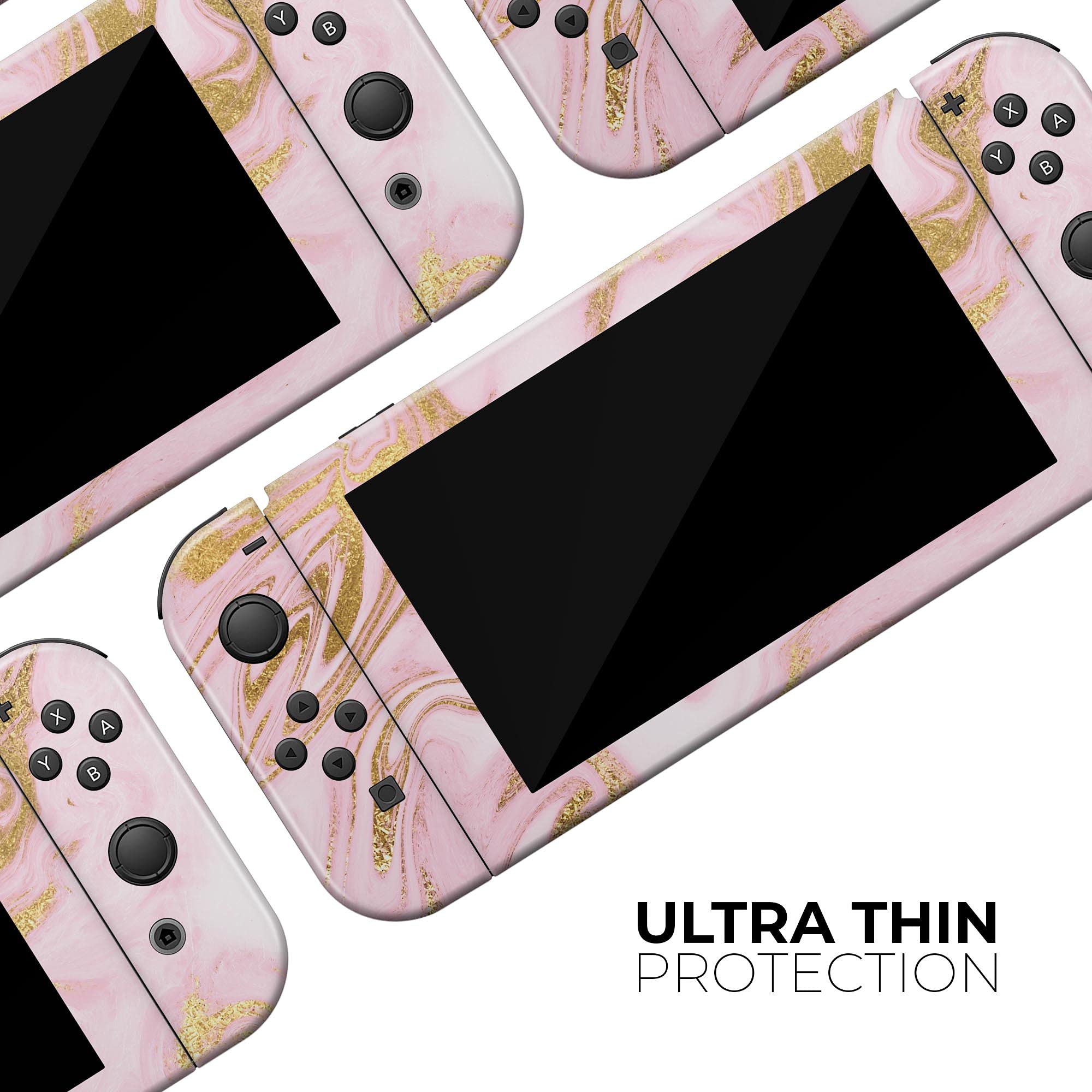 Nintendo Switch Joy-Con Skin Decal - Scratch-Resistant Removable Vinyl Wrap Cover - Rose Pink Marble & Digital Gold Frosted Foil V11 - Perfect for Gaming, Travel & Customization