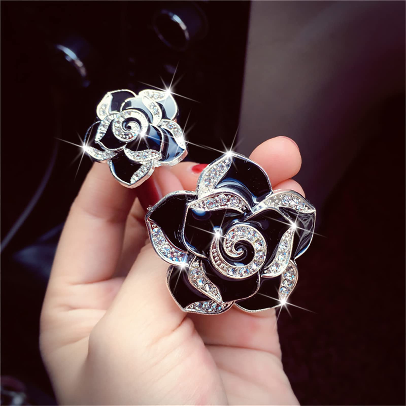 2 Pcs Camellia Air Vent Clips - Cute Flower Car Air Freshener with Bling Crystal Rose | Car Diffuser Vent Clip Charm for Women & Girls | Perfect for Sedans, SUVs and Office Desks