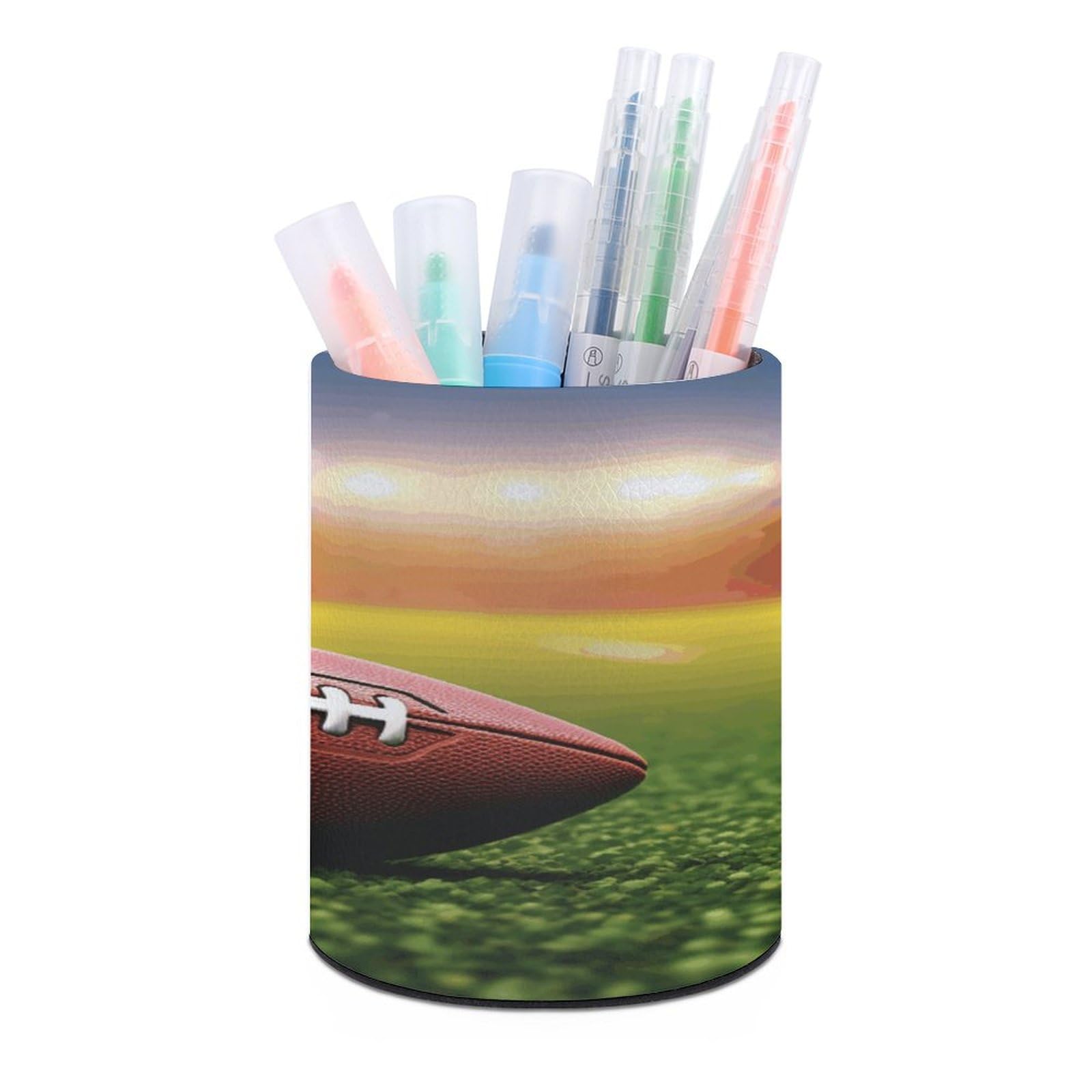 YJWANDO Genuine Leather Pen Holder - Football on Grass Sports Themed Desk Organizer - Premium Leather Pen Cup & Office Desk Accessory - Perfect for Sports Fans, Office & Home Workspace Organization