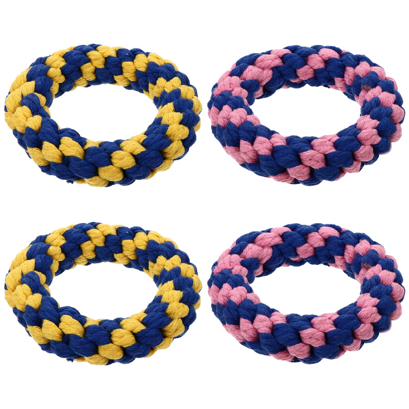 PRETYZOOM 4 Pack Handmade Woven Cotton Rope Donut Dog Chew Toys - Durable Pet Teething Toys for Puppies, Natural Hawaiian Luau Party Decorations & Beach Themed Party Favors - Perfect for Dog Training, Puppy Teething Relief, and Tropical Themed Celebrations
