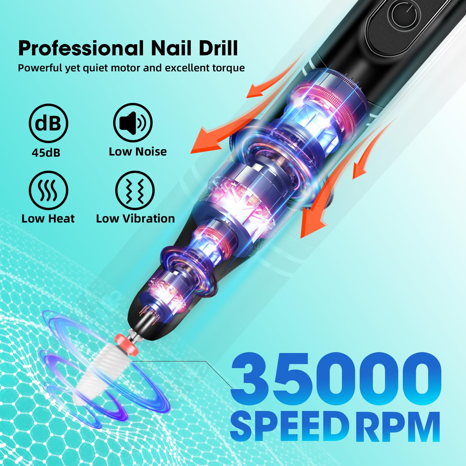 Professional Cordless Nail Drill Kit - 35000 RPM Rechargeable Electric Nail File for Acrylic & Gel Nails | Wireless Manicure Pedicure Tool with Polishing & Remover Attachments | Perfect for Salon, Home Use & DIY Nail Art