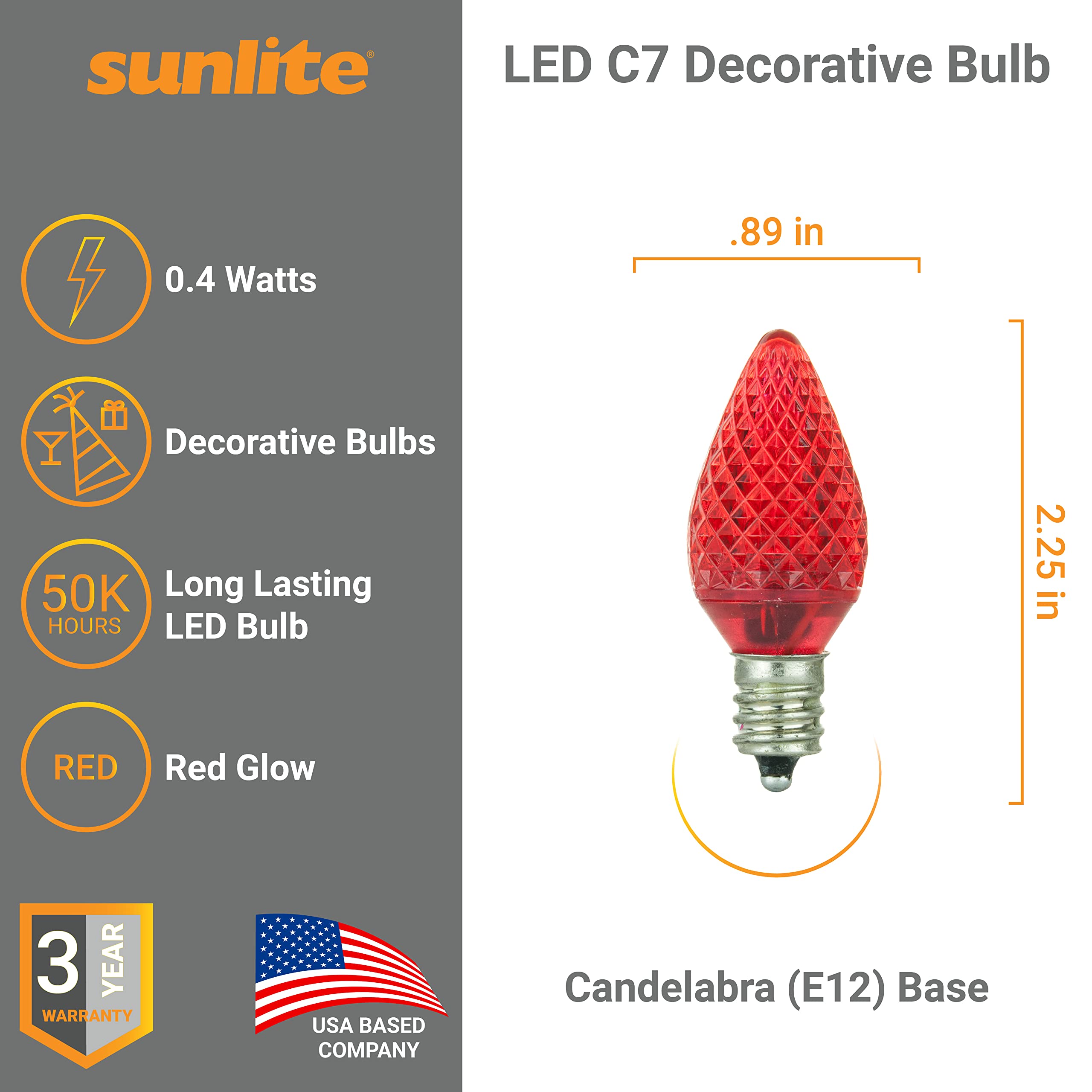 Sunlite 80702 LED C7 Holiday Decorative Light Bulb - 0.4W E12 Candelabra Base, Faceted Christmas Lights - Red (6 Pack) for Indoor/Outdoor Decor, Tree, Mantel & Nightlight Use
