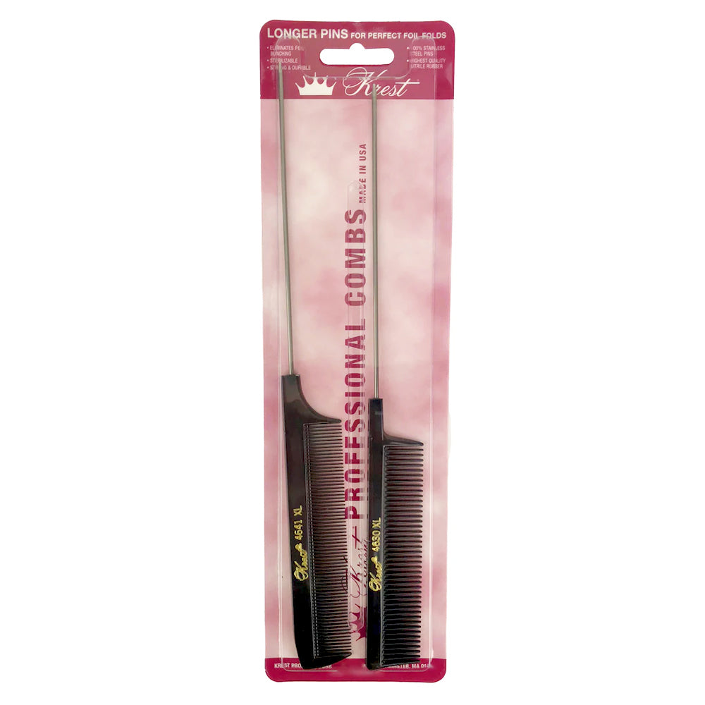 Krest XL Pintail Combs - Fine Tooth Rattail Hair Cutting Comb Set of 2 - Professional Foiling Combs for Hairdressers & Stylists - Perfect for Salon, Barber Shop & Home Hair Cutting