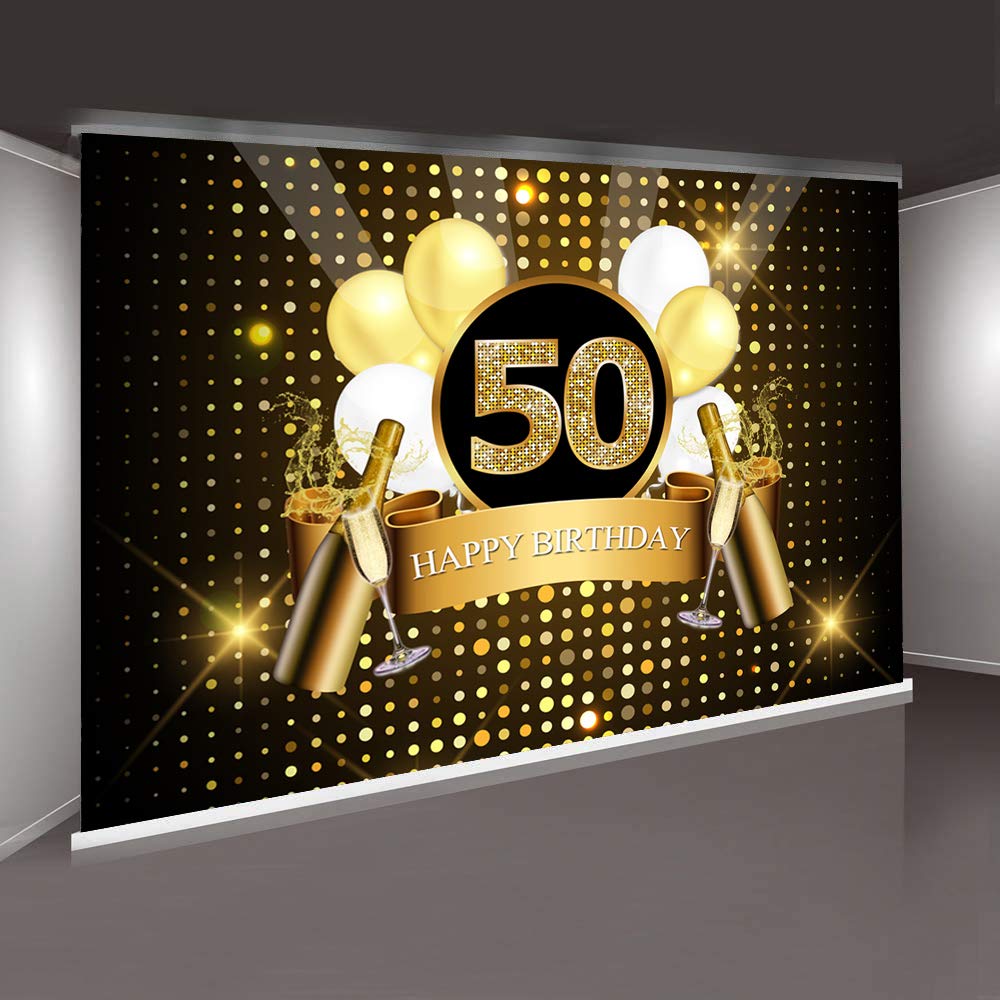 Sensfun Black & Gold Glitter 50th Birthday Backdrop - 8x6ft Photography Background for Adult Men's Fifty Years Old Party Decor, Photo Booth Props, Banner - Perfect for Birthday Celebrations, Photoshoots & Event Decorations