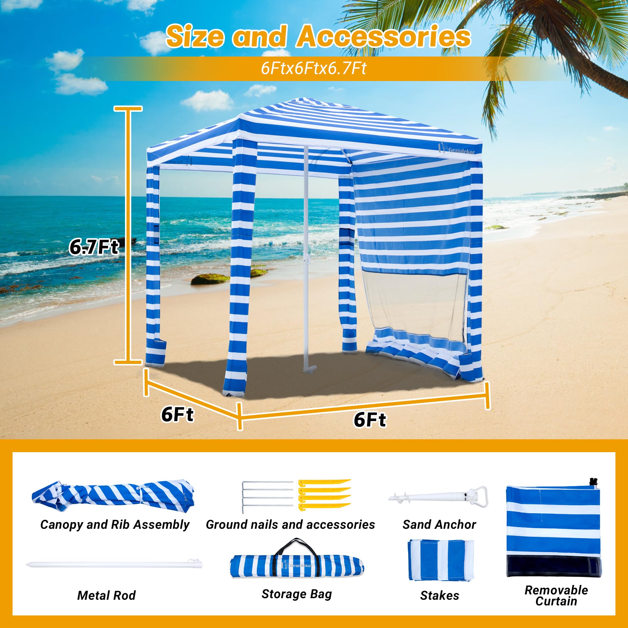 Grandekor 6'×6' Beach Cabana Tent - Portable Sun Shelter with Sand Pockets & Privacy Sunwall, UPF 50+ UV Protection for Outdoor, Easy Setup & Foldable - Perfect for Beach, Poolside, Camping & Backyard Relaxation