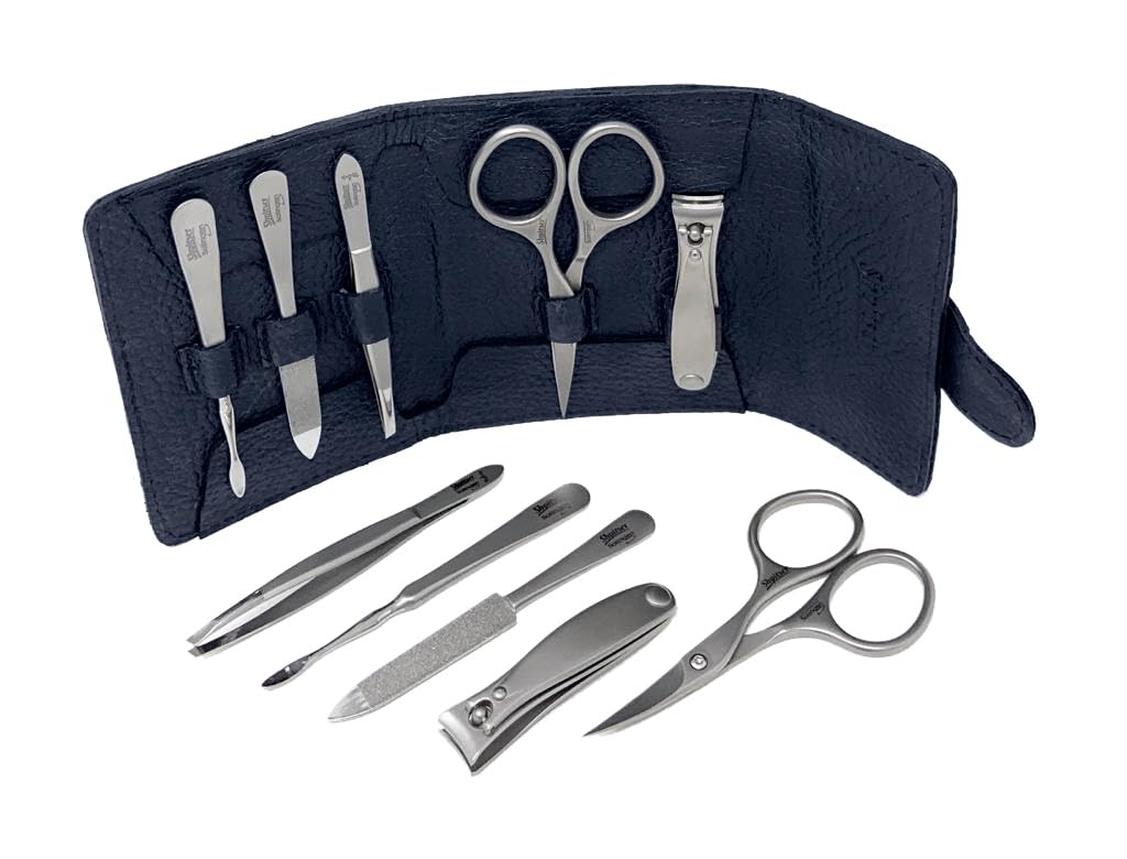Premium Shpitser Nail Kit - Professional 5-Piece Manicure & Pedicure Set with Stainless Steel Scissors, Clippers, Tweezers, Nail Cleaner & File | German Crafted Solingen Steel | Luxury Black Italian Leather Case | Perfect for Home Spa, Travel & Gift Giving