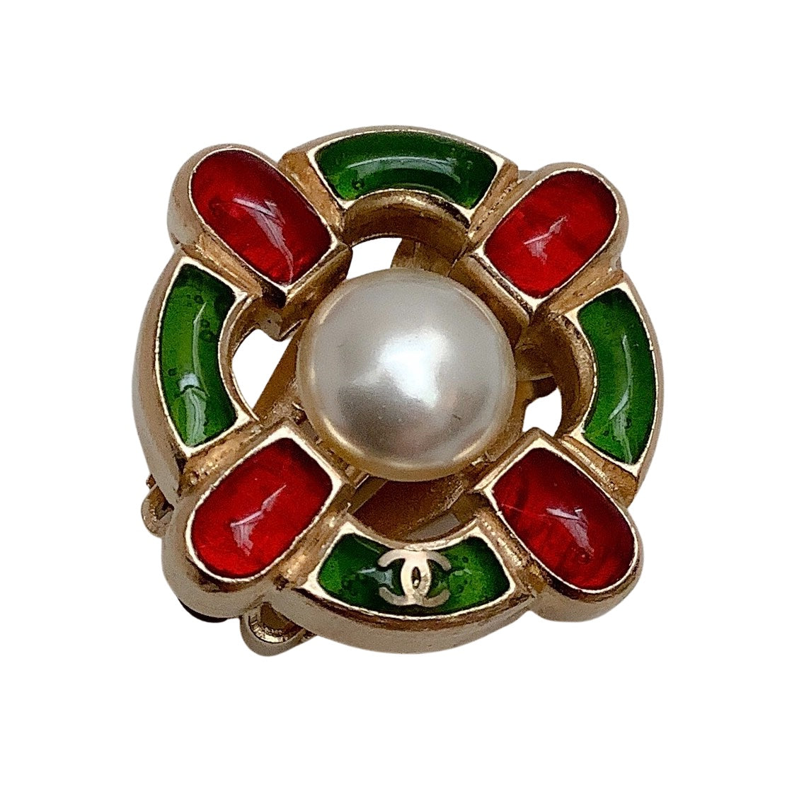 Chanel Red & Green Gripoix Pearl Clip-On Earrings for Women - Vintage Luxury Fashion Jewelry for Parties, Weddings & Special Occasions