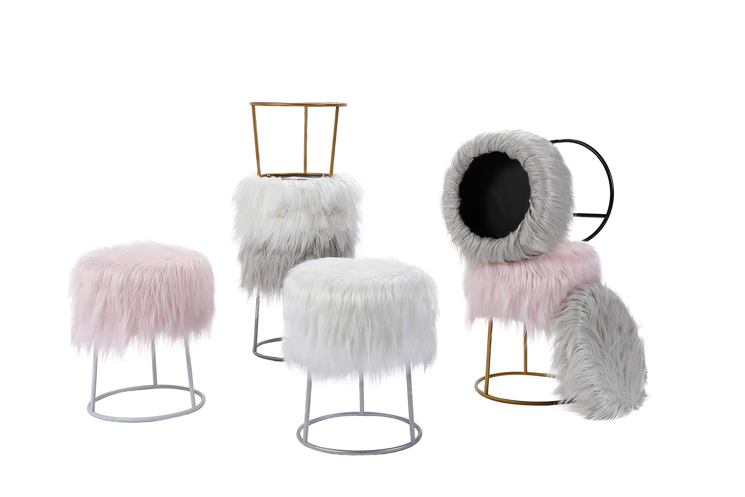 BIRDROCK HOME Round Faux Fur Vanity Stool with Storage - Fluffy Makeup Chair with Metal Legs - Soft Padded Footrest for Bedroom, Dressing Table & Closet Organization - Compact Stylish Grey Seat with Silver Legs - Perfect for Vanity Makeup, Bedroom Decor & Small Space Storage Solutions