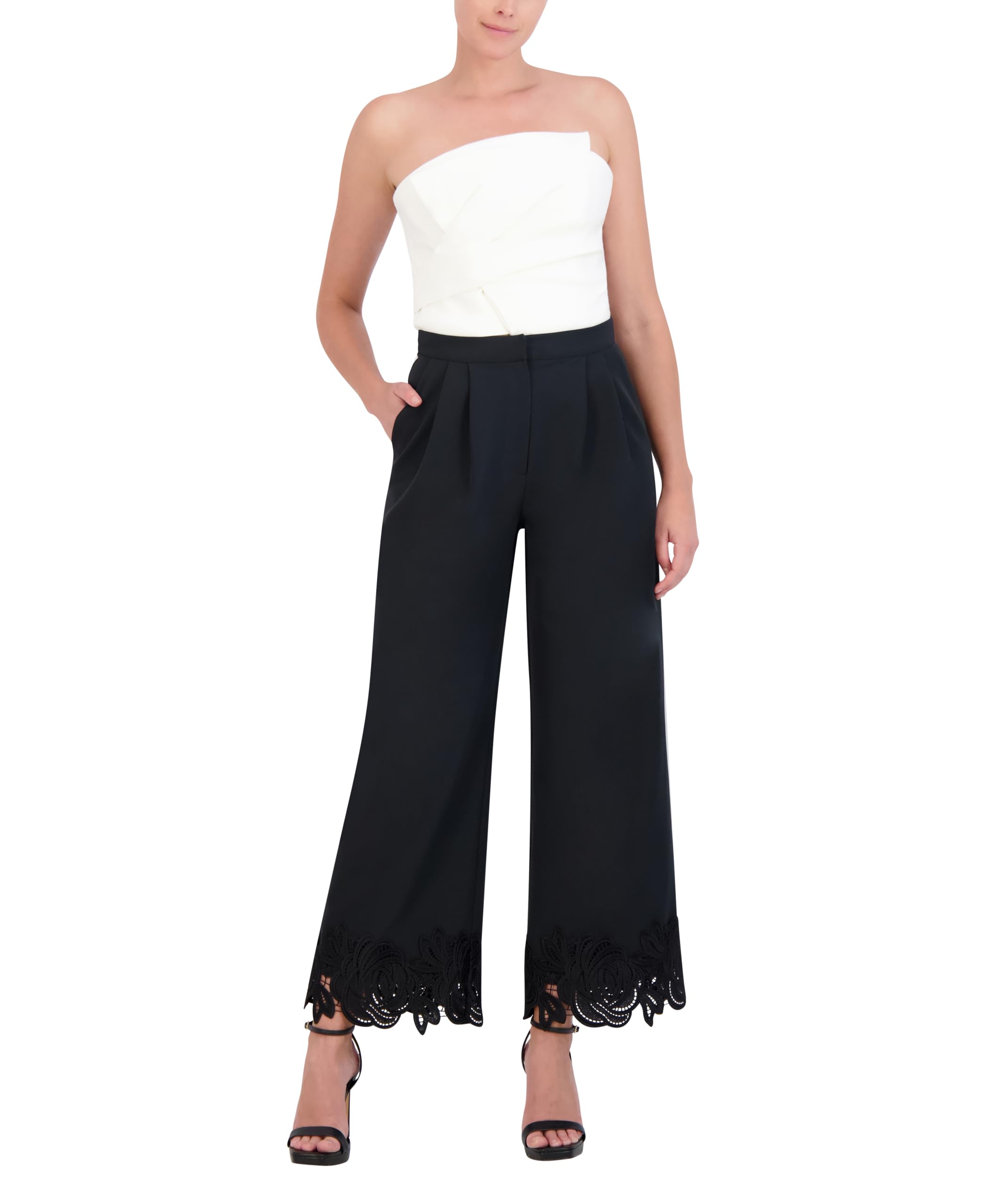 BCBGMAXAZRIA Women's Floral Applique Wide Leg Pants - Stylish & Comfortable High Waist Palazzo Trousers for Casual Wear, Office & Summer Outfits
