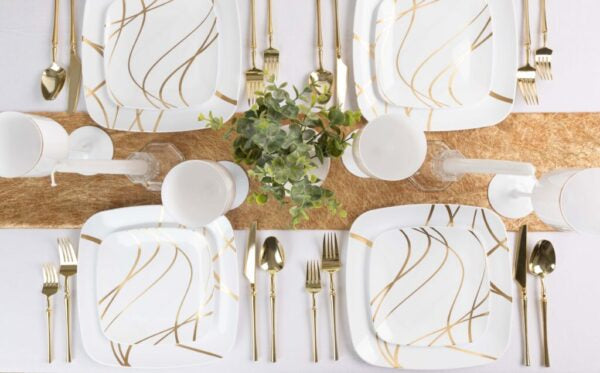32-Pack White & Gold Square Plastic Dinnerware Set for 16 Guests - Elegant Disposable Plates, Cups & Cutlery - Perfect for Weddings, Parties, BBQs & Outdoor Events