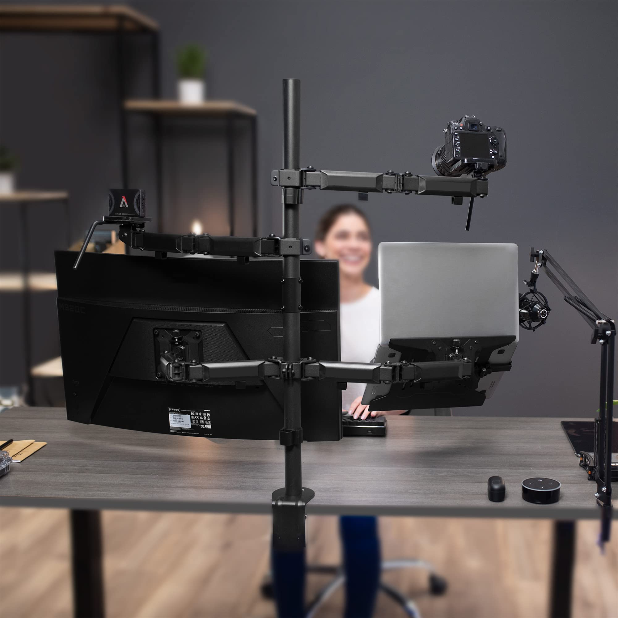 VIVO All-in-One Computer Studio Desk Mount with Mic Boom, Dual Monitor Stand for 32 inch Screens, Laptop Holder & Livestream Arms - Compatible with Cameras, Lights, Phone/Tablet Adapters (STAND-LIVE2L) - Perfect for Home Office, Gaming Setup & Content Creation Studio