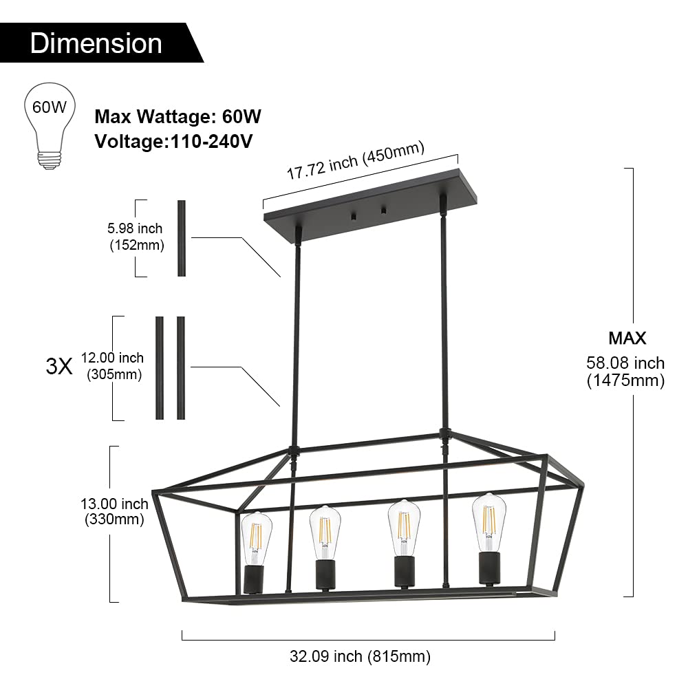 VINLUZ 4-Light Black Industrial Farmhouse Chandelier - Metal Linear Kitchen Island Pendant Light Fixture for Dining Room, Living Room, Stairway & Bar - Perfect for Modern Farmhouse, Loft & Industrial Style Decor
