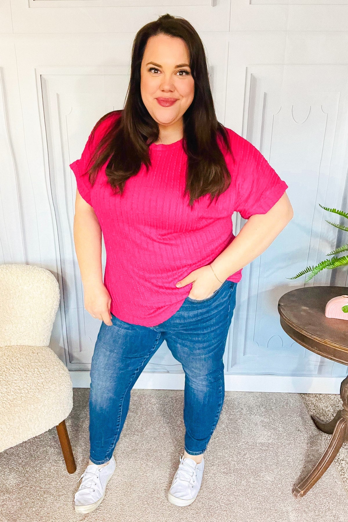 Fuchsia Cable Knit Dolman Short Sleeve Sweater Top for Women - Soft Comfortable Pullover with Haptic Texture - Perfect for Casual Outings, Office Wear & Fall Layering
