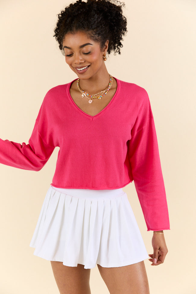 No Bad Days Hot Pink Drop Shoulder V Neck Pullover Sweater - Women's Casual Oversized Knit Top for Fall & Winter | Perfect for Date Night, Coffee Dates, and Weekend Outfits