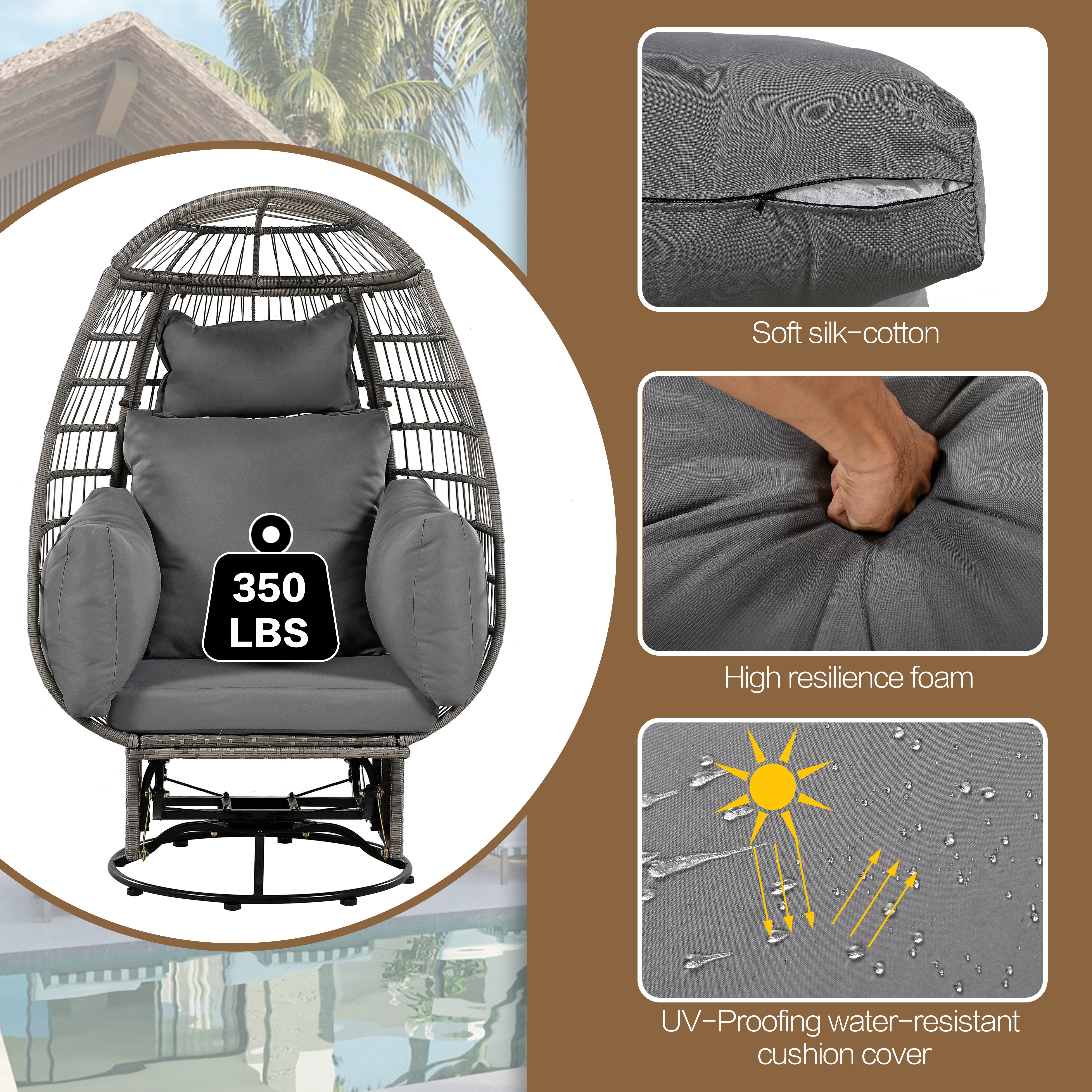 Outdoor Swivel Rocking Chair with Cushions - Rattan Egg Patio Chair for Balcony, Poolside, Garden - Perfect for Relaxing, Lounging & Sunbathing