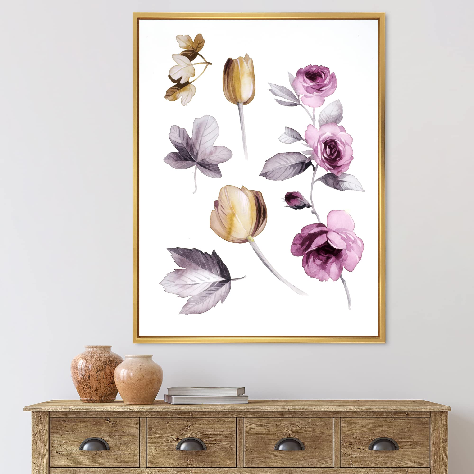 DesignQ Pink and Orange Wildflowers Framed Canvas Wall Art - Traditional Floral Home Decor for Living Room, Bedroom & Office