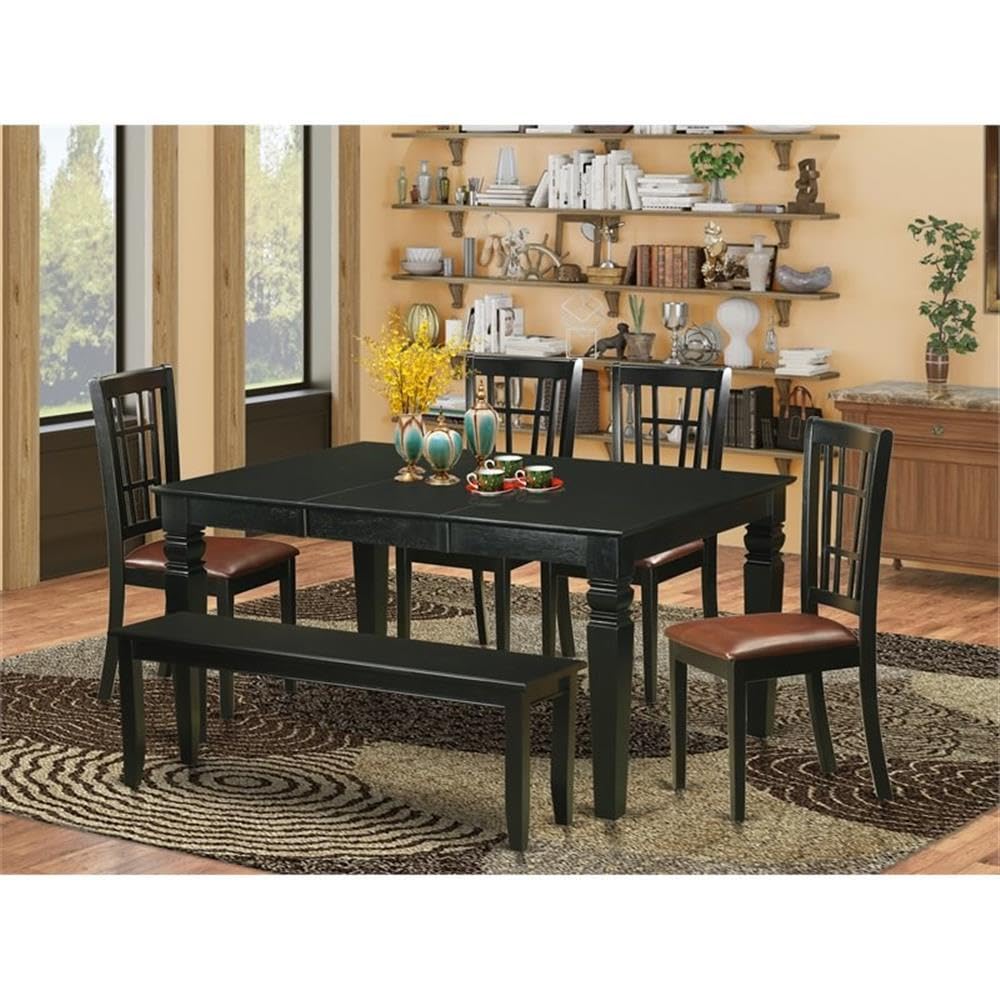 East West Furniture 6-Piece Dining Set with Butterfly Leaf Table, 4 Faux Leather Chairs & Bench - 42x60 Inch Black Kitchen Table for Family Meals & Entertaining