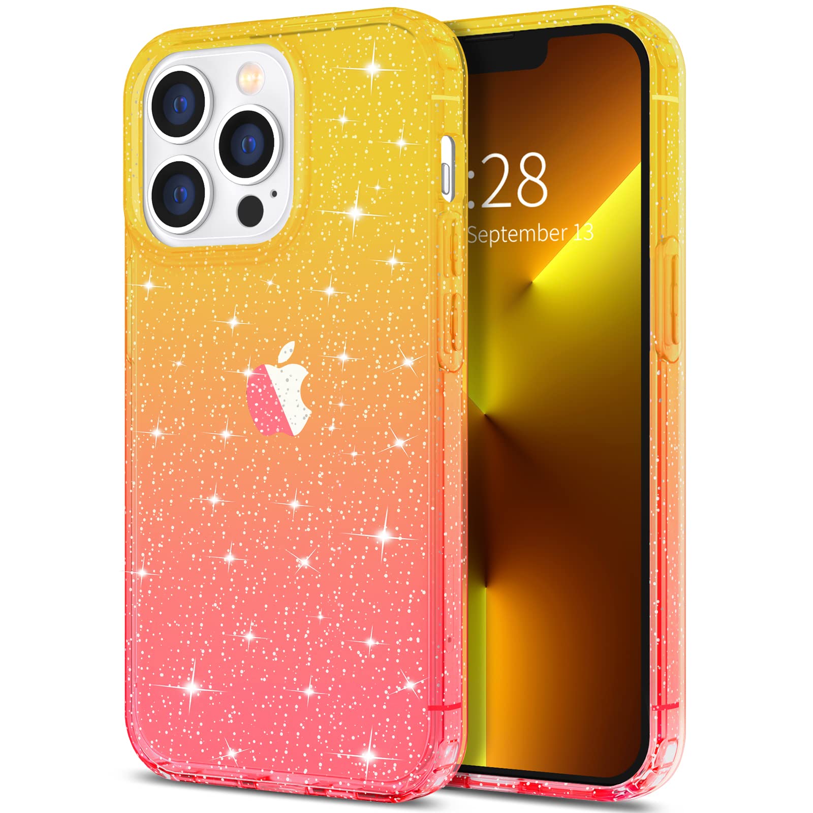 Hython Glitter Case for iPhone 13 Pro Max - Sparkly Clear Shockproof Protective Phone Cover with Anti-Scratch Slim Fit Design for Women & Girls (Yellow/Pink Glitter) | Perfect for Everyday Use, Parties, and Gift Giving