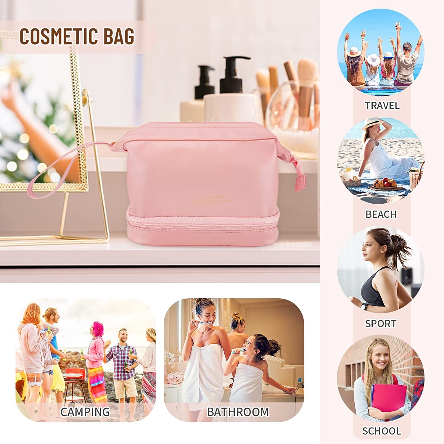 Luteti Double Layer Leather Cosmetic Bag - Waterproof Travel Makeup Organizer for Women & Girls | High-End Toiletry Bag for Home, Office & Vacation