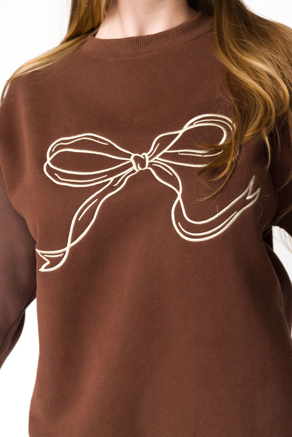 Claire Embroidered Bow Sweatshirt for Women - Chocolate Brown Pullover with Floral Embroidery | Cozy Casual Wear for Fall & Winter | Perfect for Coffee Dates, Shopping & Weekend Outings