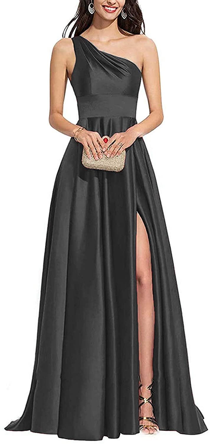 Elegant One Shoulder V-Neck Satin Bridesmaid Dress with High Slit - Women's Formal Evening Gown for Weddings, Parties & Special Occasions