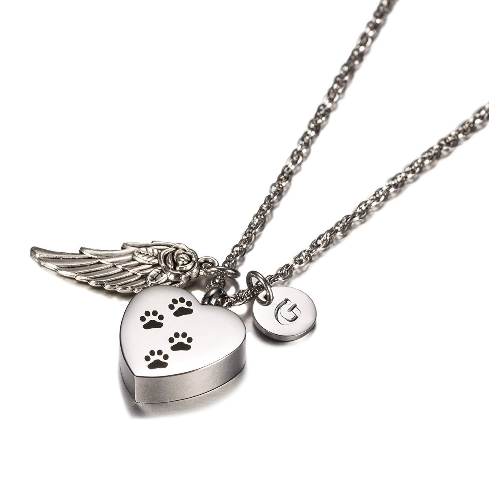 Stainless Steel Memorial Necklace - Heart Urn Pendant with Dog Paw, Angel Wing & 26 Letter Charms for Pet Ashes | Personalized Engraving | Perfect for Pet Loss Remembrance & Memorial Gifts