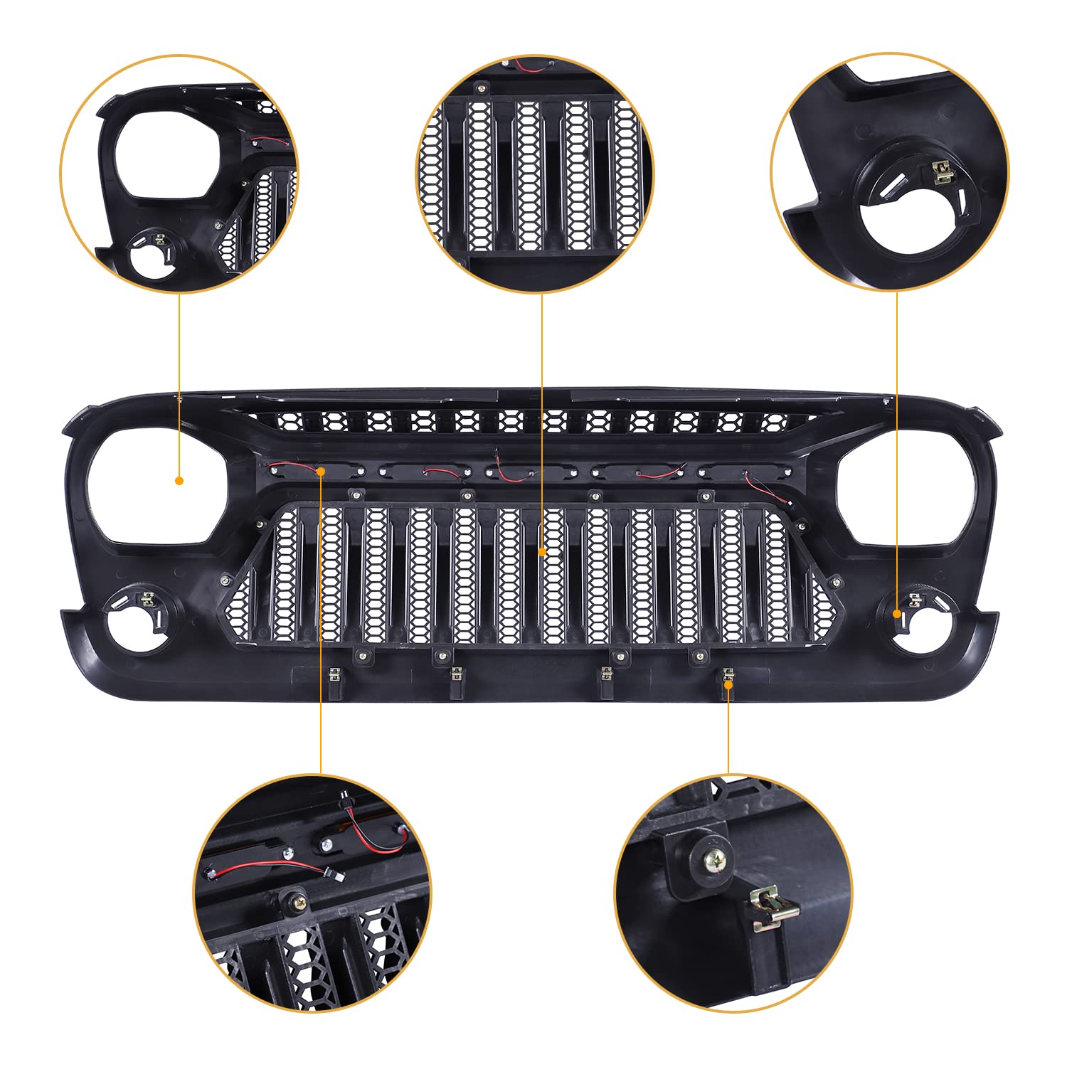 2007-2018 Jeep Wrangler JK JKU Front Grill Mesh Cover - Matte Black ABS with Amber LED Running Lights | Fits Unlimited Rubicon Sahara Sport Models | Off-Road Protection & Style Upgrade