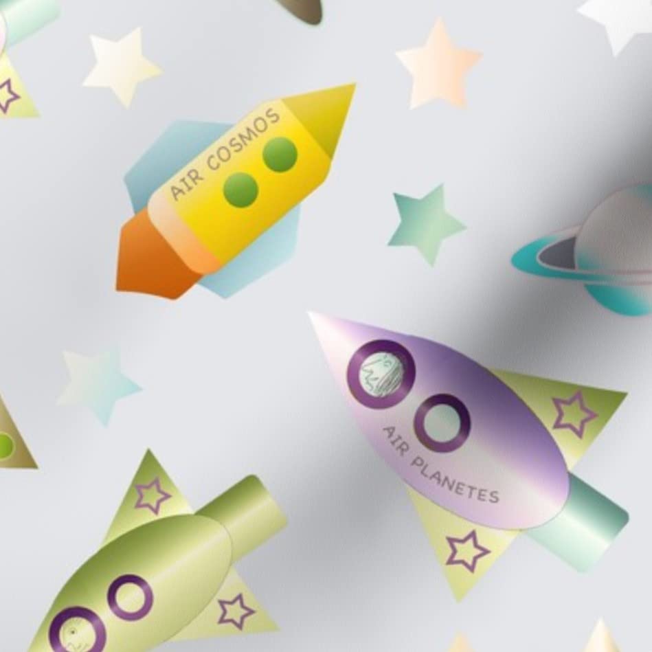 Rocketships Outer Space Exploration Kids Gender Neutral Science Planets Printed Denim Fabric Fat Quarter - Bottomweight Apparel & Home Decor Upholstery Material for DIY Crafts, Kids Room Decor, Space Themed Bedding