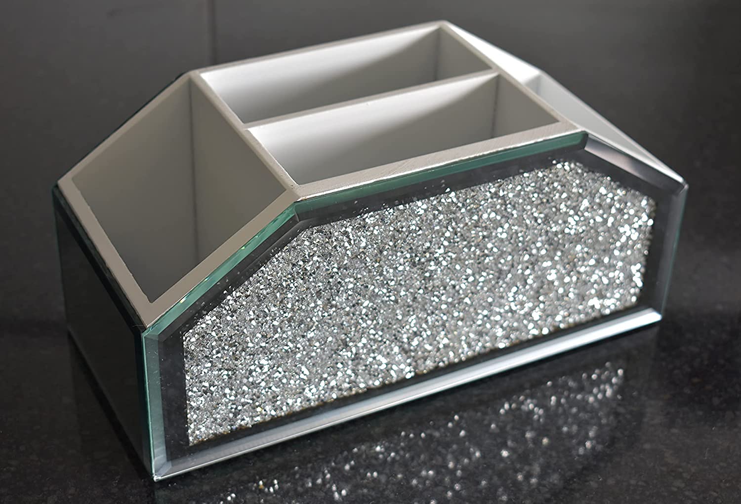 Crystal Glamour Beauty Box - Makeup Brush Holder & Organizer with Crushed Diamond Jewel Mirror, 26x12x12cm - Perfect for Vanity, Travel & Makeup Storage