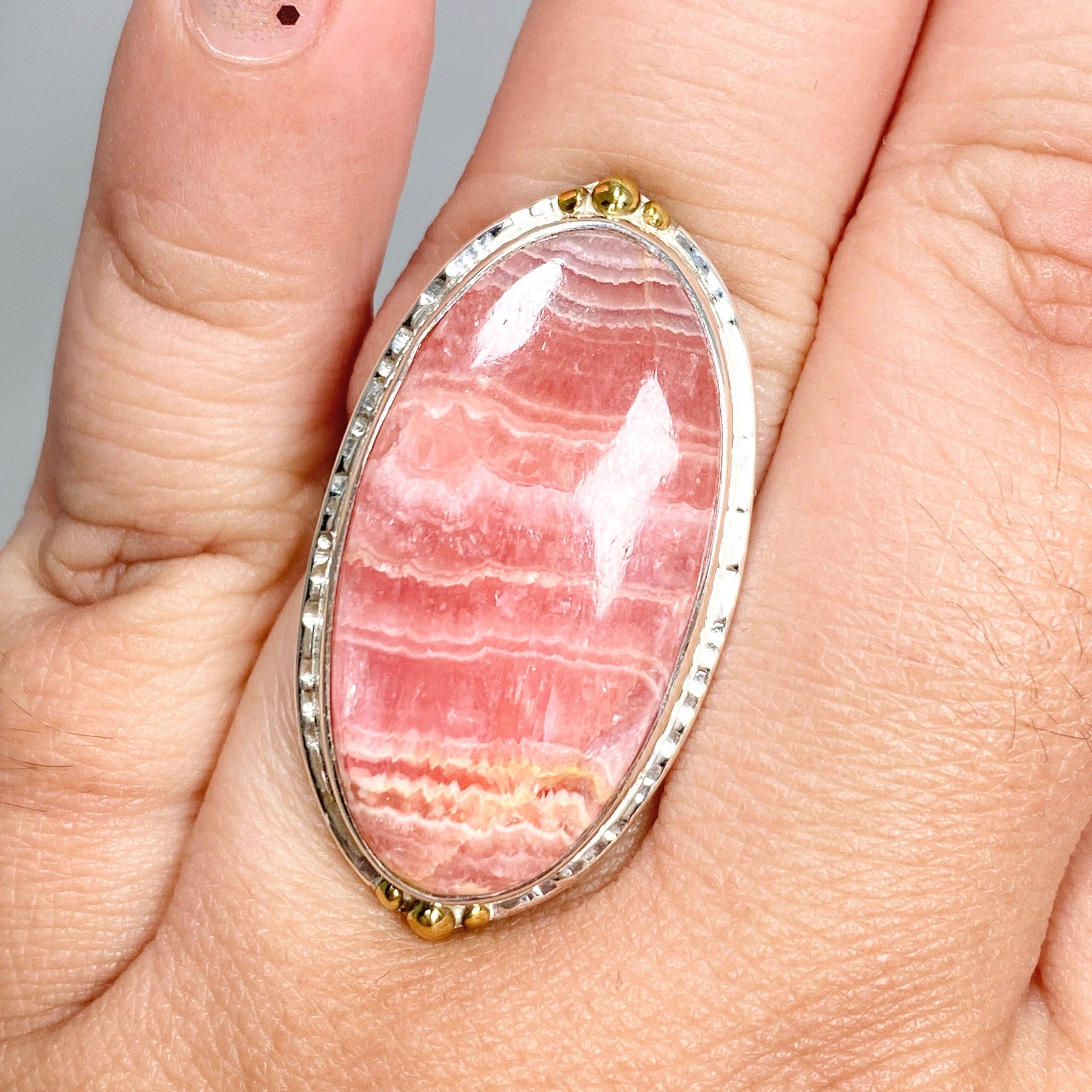 Rhodochrosite Oval Ring with Brass Accents - Size 10 Women's Jewelry KRGJ3166 | Elegant Gift for Valentine's Day, Anniversary & Special Occasions
