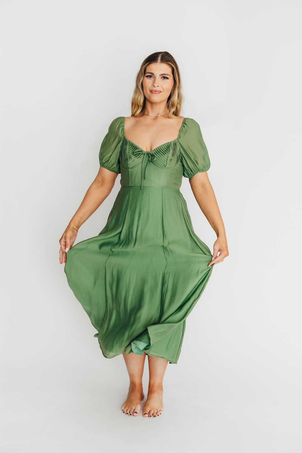 Stevie Bustier Midi Dress in Green | Elegant Bodycon Cocktail Dress for Women | Perfect for Weddings, Parties & Date Nights
