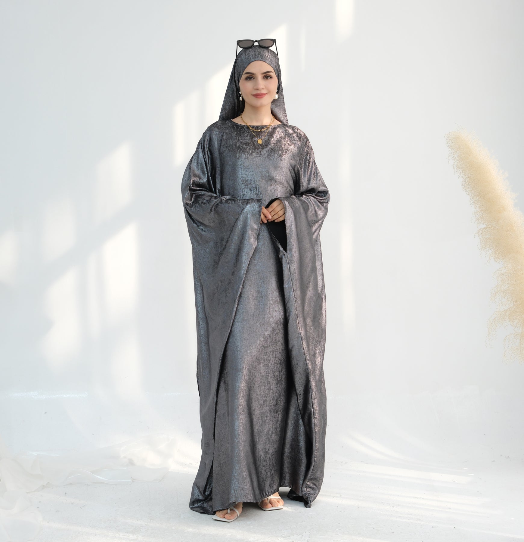 Linora Shimmer Butterfly Abaya - Elegant Gray Islamic Dress for Women | Perfect for Eid, Ramadan & Special Occasions