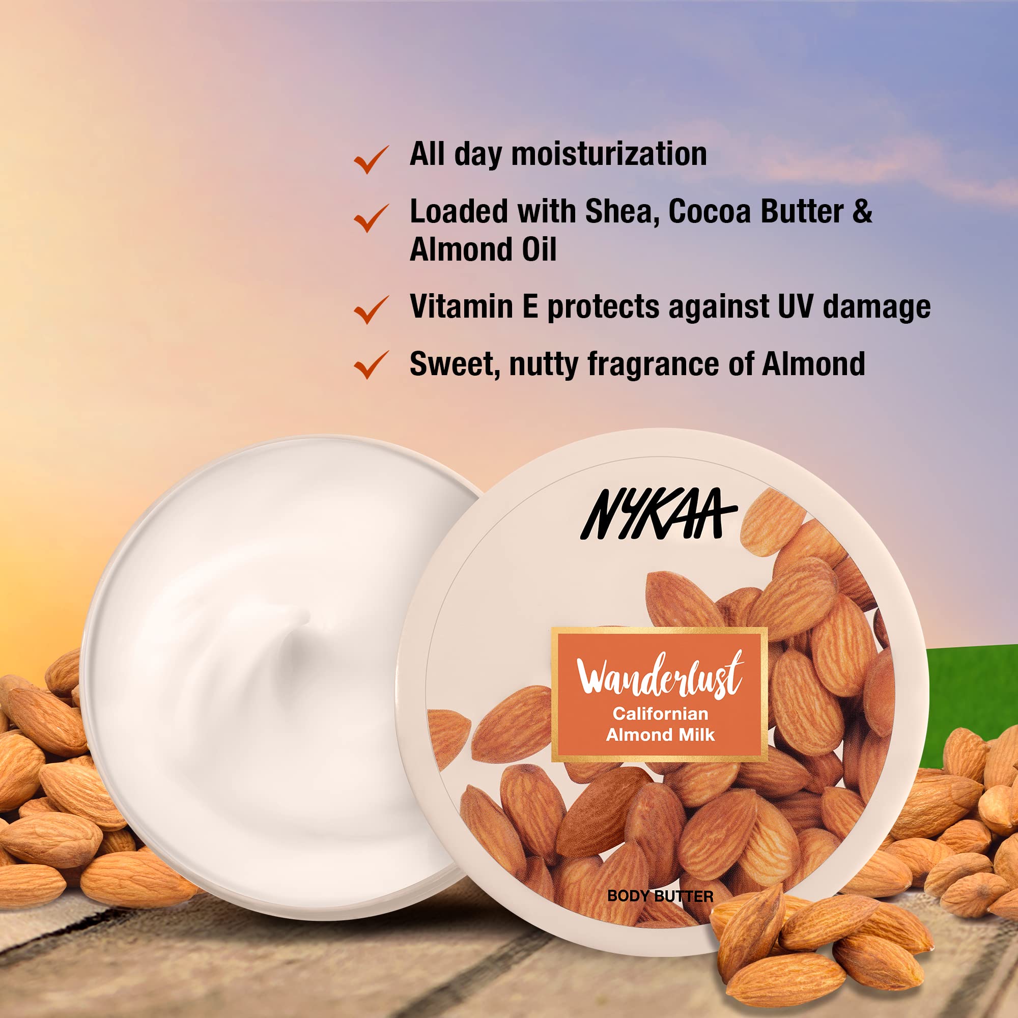 Nykaa Wanderlust Body Butter - Californian Almond Milk, Hydrating & Moisturizing Body Cream with Almonds, Shea & Cocoa Butter - Paraben, SLS & Cruelty Free - 6.76 fl.oz - Perfect for Dry Skin Care & Daily Moisturizing Routine
