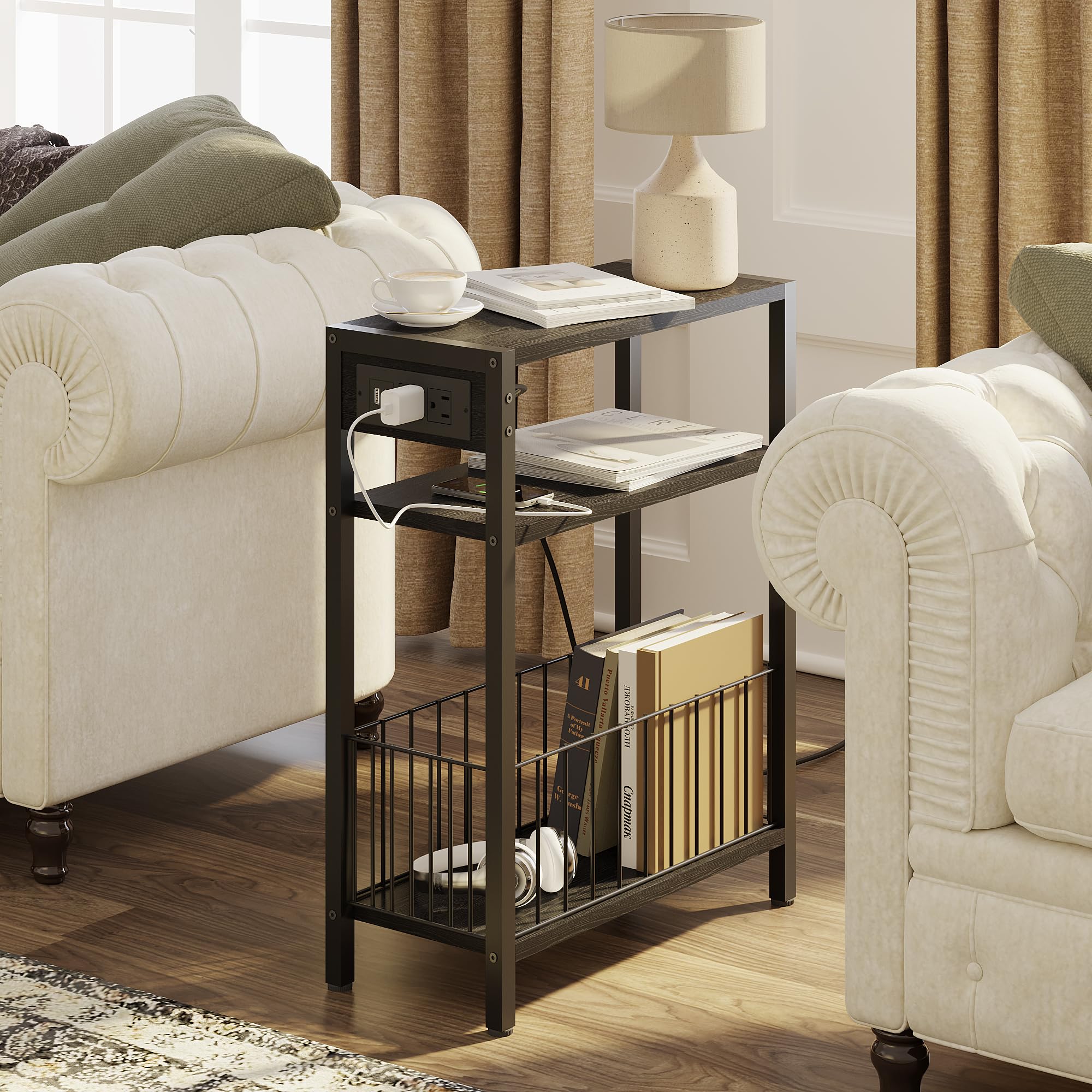 Slim Narrow Side Table with USB Charging Station - 3-Tier Small End Table with Storage Basket for Bedroom, Living Room - Space-Saving Nightstand for Apartments, Dorms - Black (Perfect for Tight Spaces, Charging Devices & Organizing Essentials)