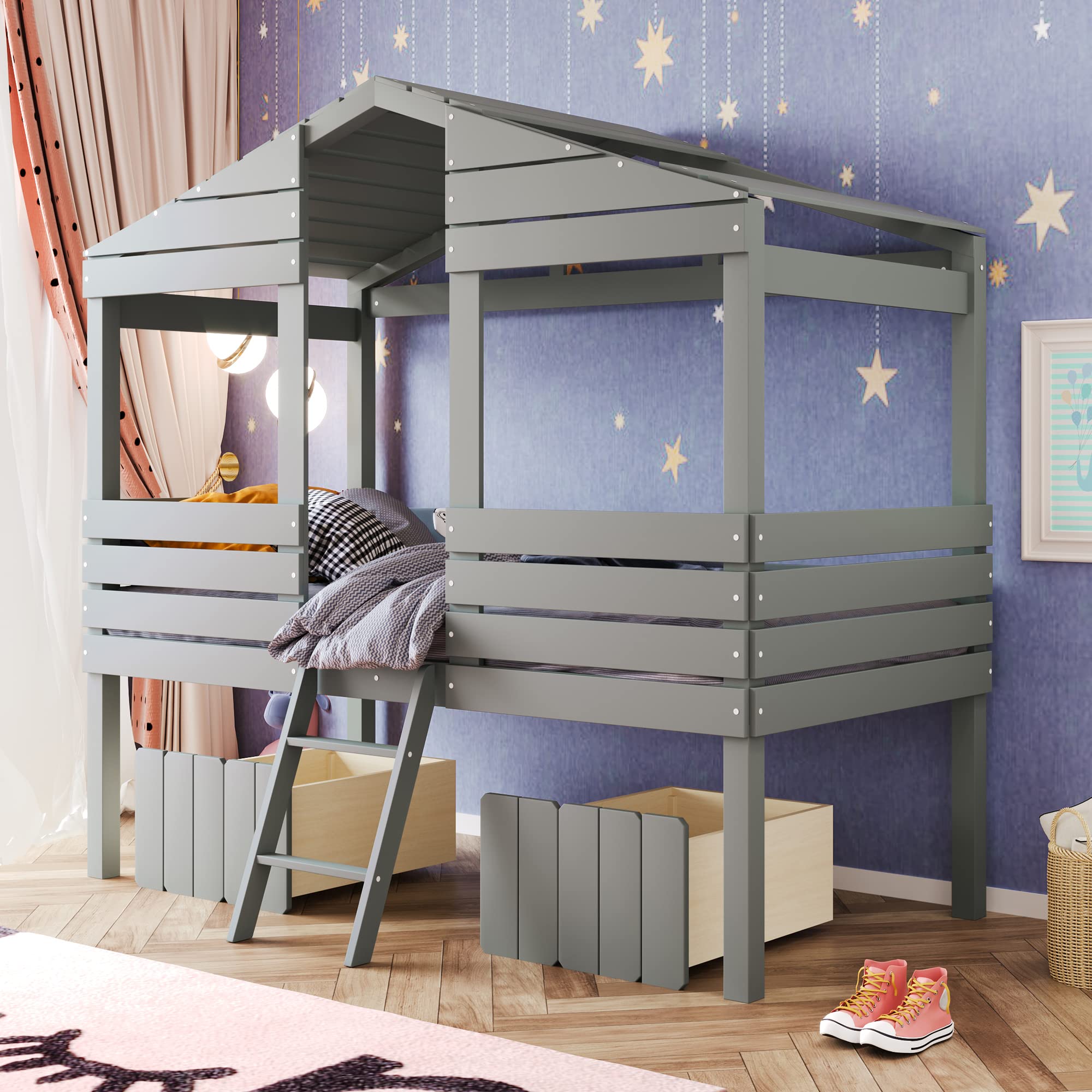 Twin Size Wood Loft Bed with 2 Drawers - Sturdy Low Loft Bed Frame for Kids & Teens, Space-Saving Bedroom Furniture (Gray) - Perfect for Small Rooms, Dorms & Apartments