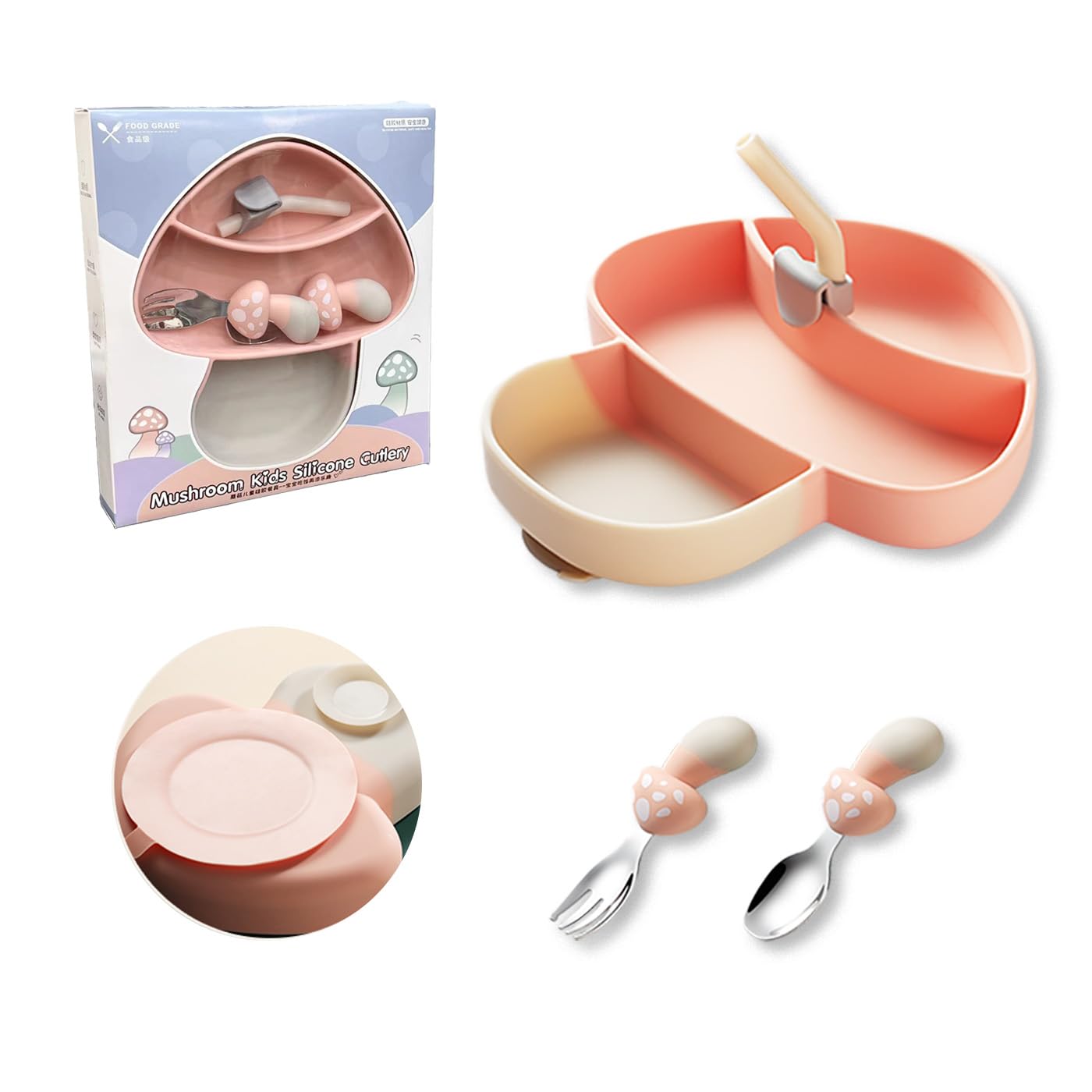 Non-Slip Silicone Suction Plate & Utensil Set for Babies - BPA-Free Toddler Feeding Bowl with Spoon & Fork | Mushroom Design Baby Essentials for Highchair, Travel & Mess-Free Mealtime (Pink)