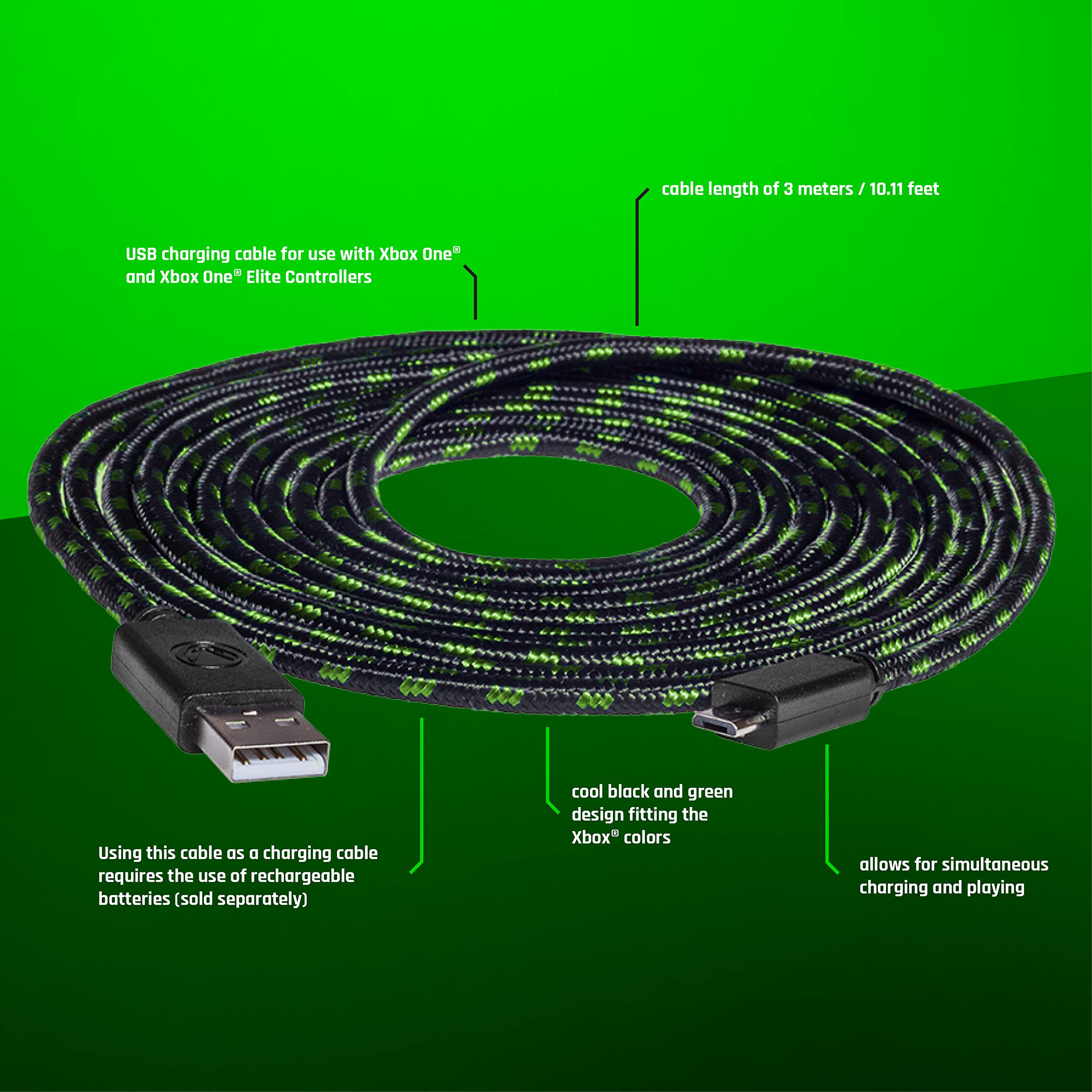 Snakebyte USB Charging Cable for XBOX One Controllers - 3m/9.84ft Long Fast Charge Cord for XBOX One Controllers & Batteries | Perfect for Gaming Sessions & Home Entertainment Setup