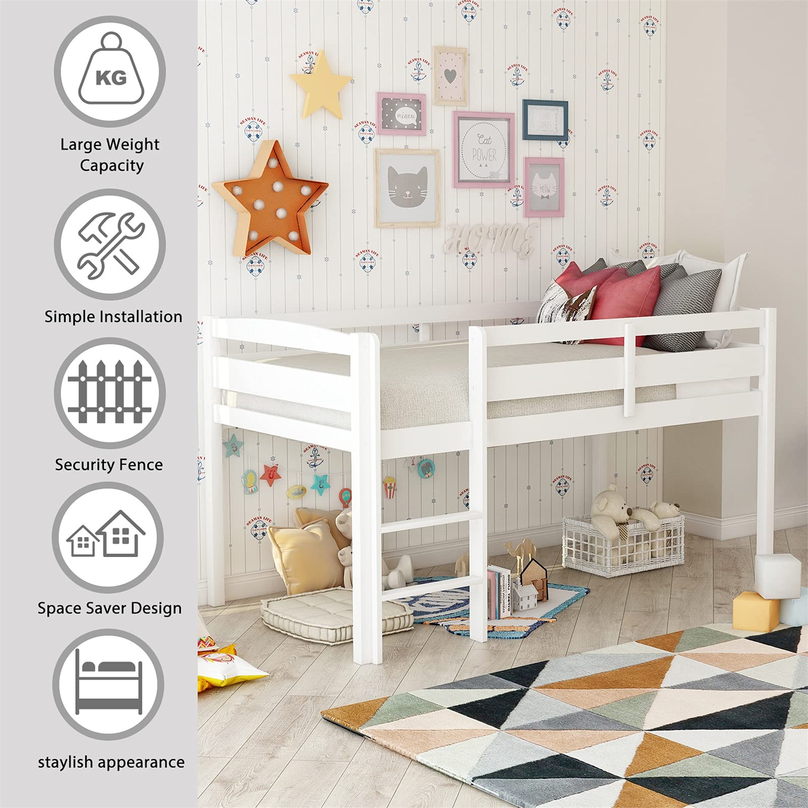 Bellemve Low Loft Bed Twin Size - Sturdy Wooden Loft Bed Frame with Ladder for Kids, Teens, Boys & Girls - Space-Saving White Bedroom Furniture for Small Rooms, Dorms & Apartments