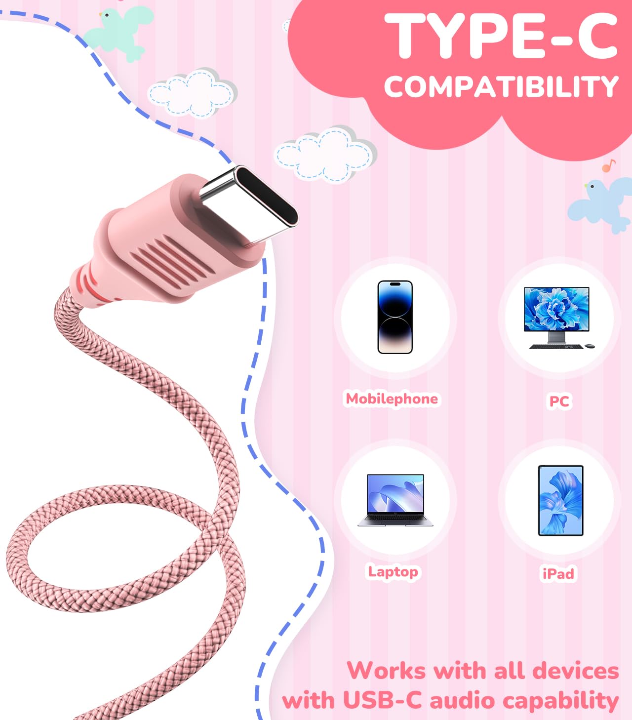 Upgrade USB Type C Kids Headphones with Microphone - Adjustable 85dB/94dB Volume Limited Wired Headphones for Boys & Girls (Pink) - Perfect for Online Learning, Gaming, and Travel