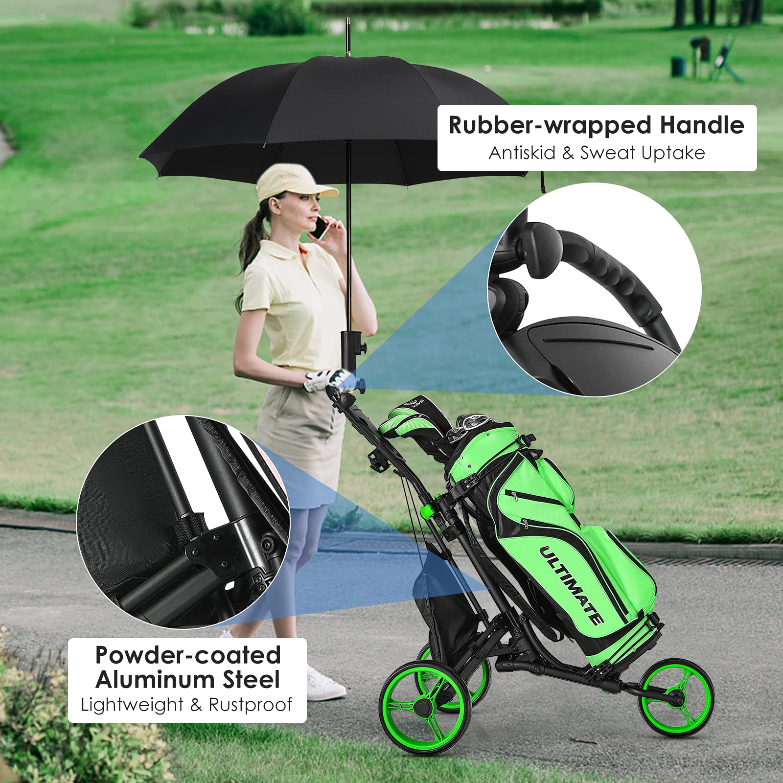 GYMAX 3-Wheel Aluminum Folding Golf Push Cart - Adjustable Height, Lightweight & Portable with Umbrella Holder & Waterproof Bag - Perfect for Golf Courses, Driving Ranges & Outdoor Practice - Quick Open Fold Design for Easy Transport & Storage