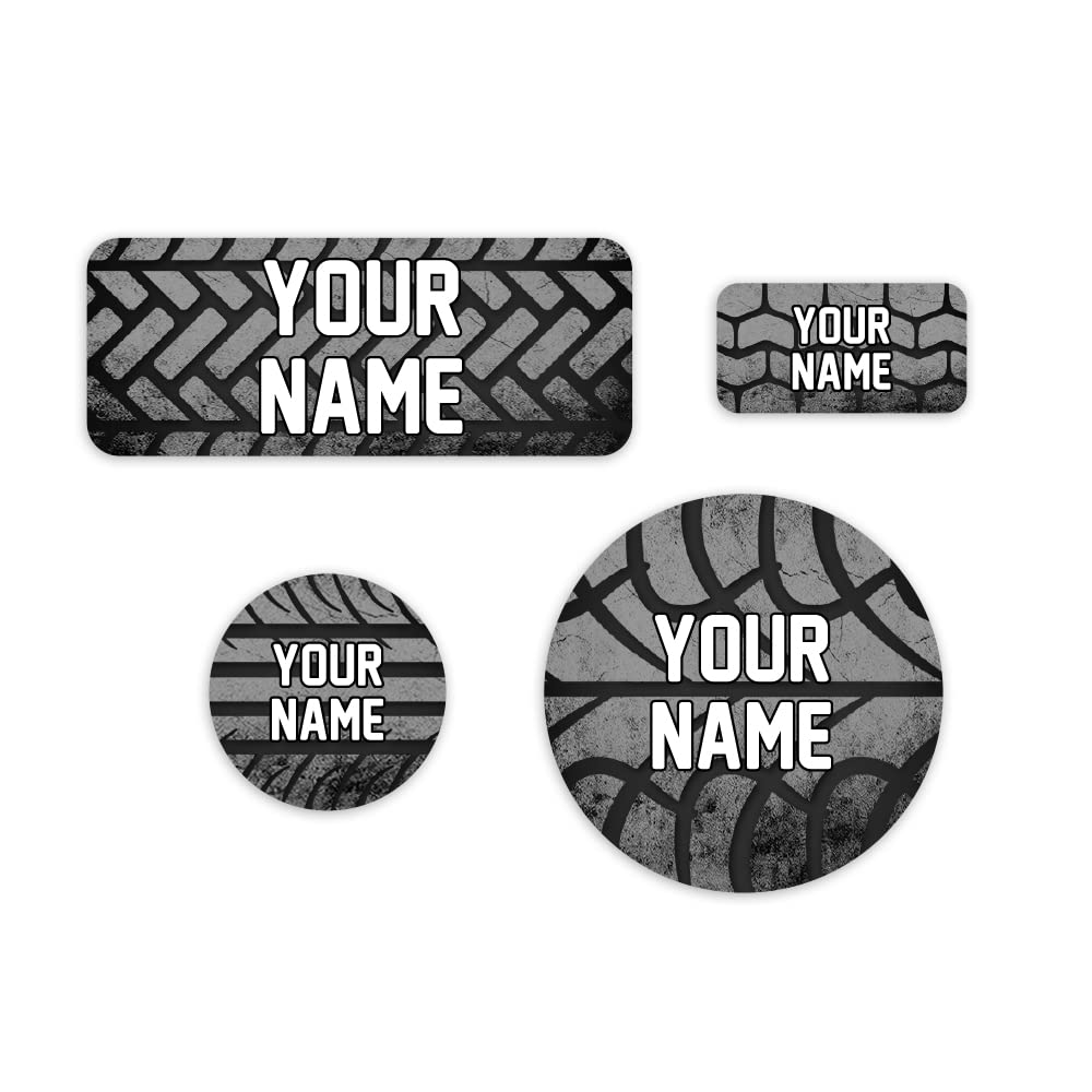 Personalized AZ Waterproof Laundry Labels for Kids - Camp, School & Daycare Name Tags (Tire Tracks Design) - Durable Clothing Labels for Backpacks, Lunch Boxes & Sports Gear