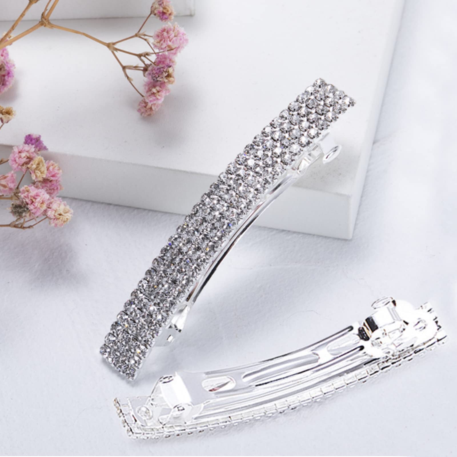 Sparkly Rhinestone Hair Clips 2 Pack - French Crystal Hair Barrettes for Women, Bridal Wedding Hair Accessories, Ponytail Holder & Side Clips (2.55 Inch) - Perfect for Parties, Prom & Special Occasions