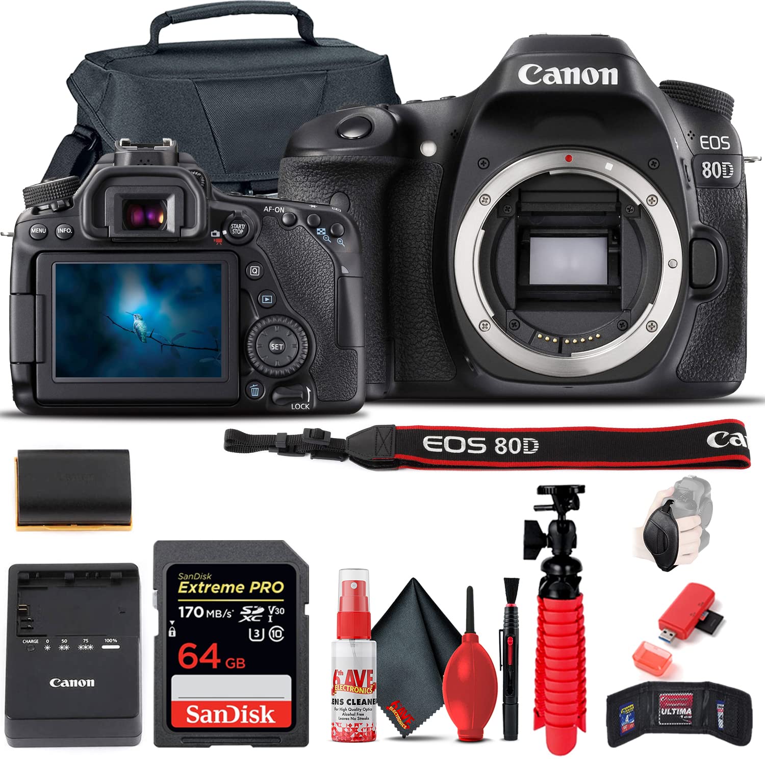 Canon EOS 80D DSLR Camera Body Only (1263C004) - Professional Digital SLR Camera with 64GB Memory Card, Case, Tripod & Accessories Kit - Perfect for Photography, Vlogging & Travel (Renewed)