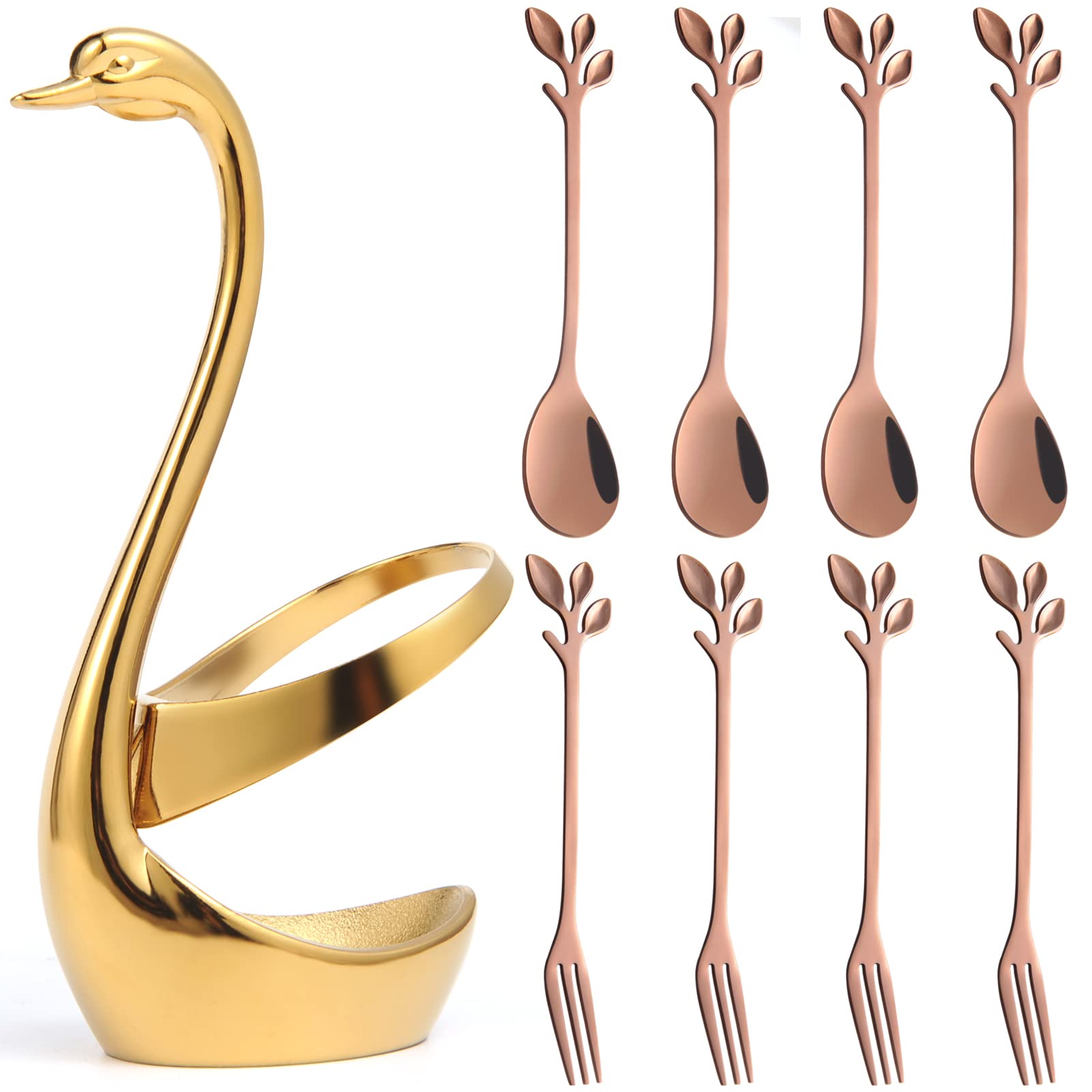 AnSaw 4.7-Inch Gold Small Swan Base Coffee Spoon & Fruit Fork Set - Rose Gold Leaf Handle, 4-Piece Spoon & 4-Piece Fork Set for Tea Party, Dessert, Wedding, and Home Decor